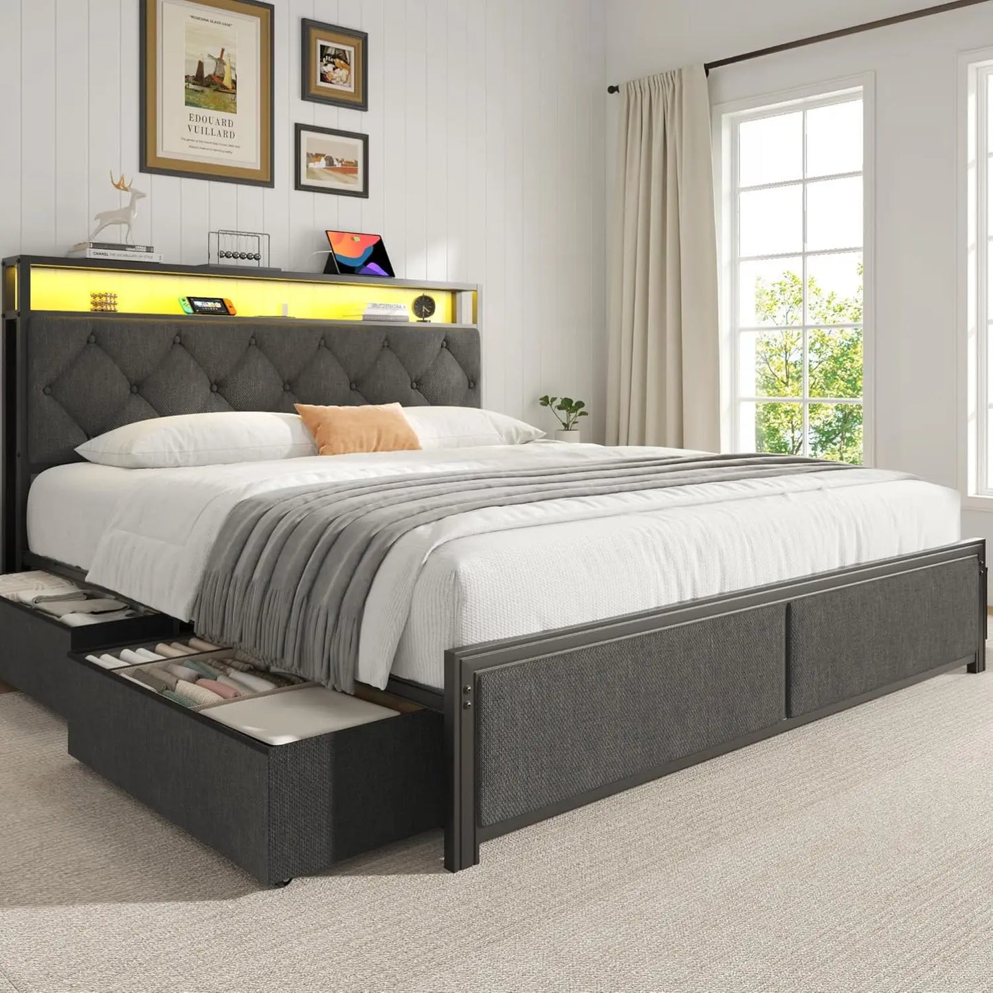 CHENGWEI Bed Frame With Headboard Storage Drawers LED Lights