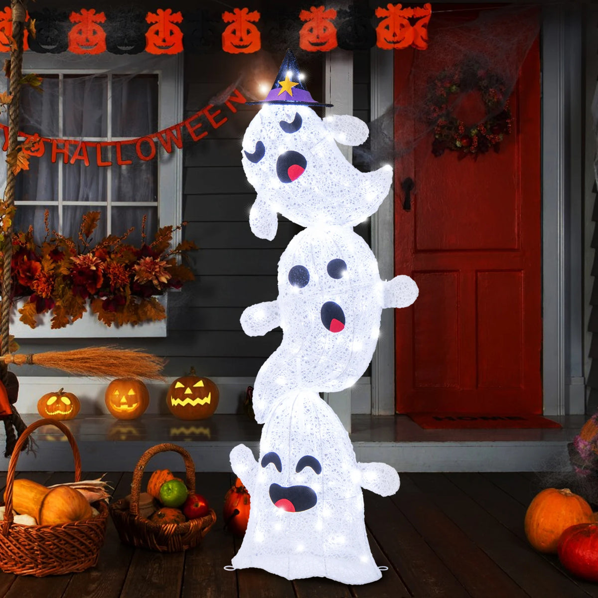 LIFEZEAL Outdoor Stacked Ghost Halloween Decorations With Built In LED Lights