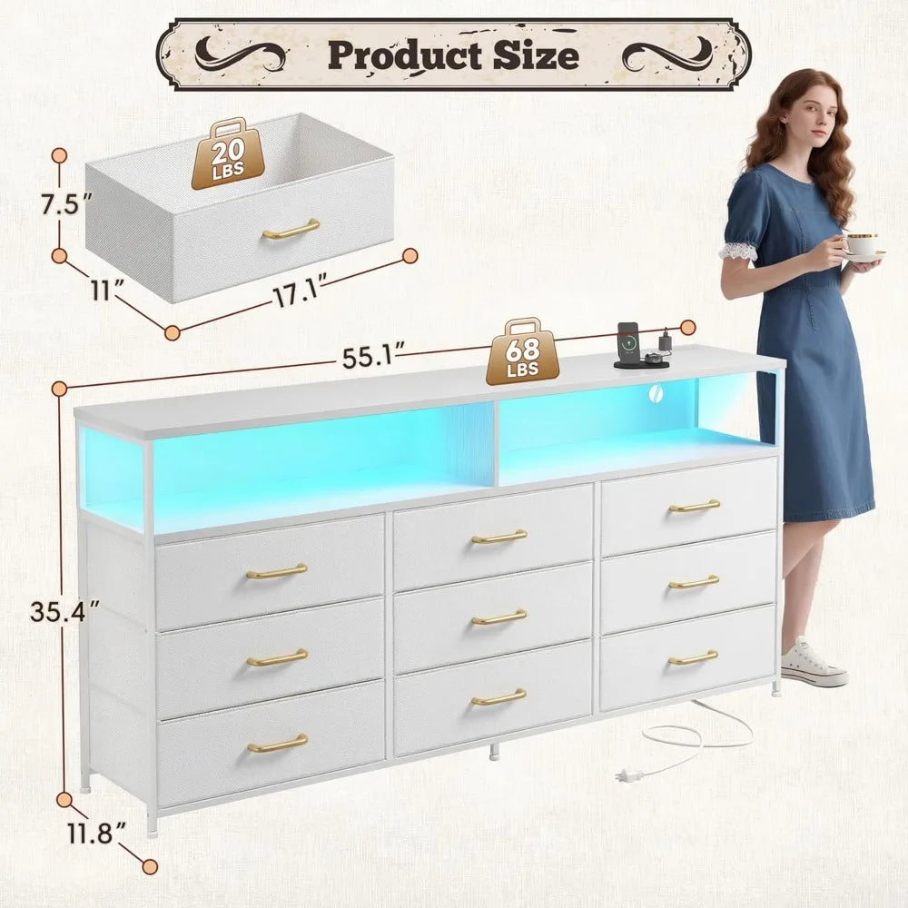 Long Dresser TV Stand With Nine Drawers And Outlets
