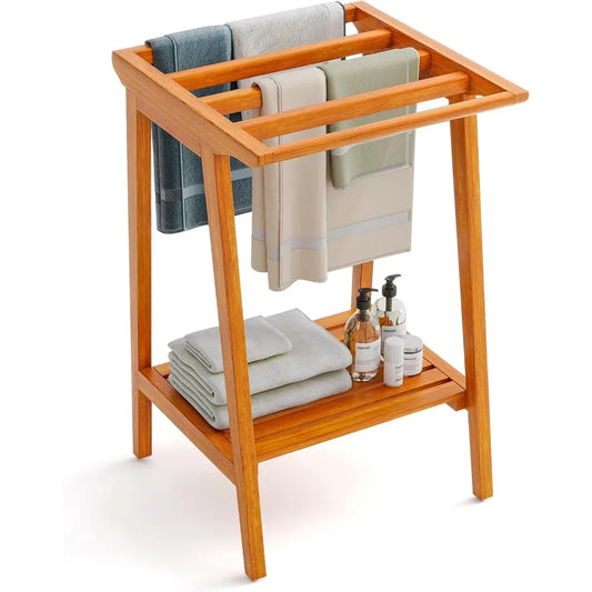 Freestanding Teak Bathroom Towel Rack with 5 Bars and Storage Shelf for Shower and Clothing
