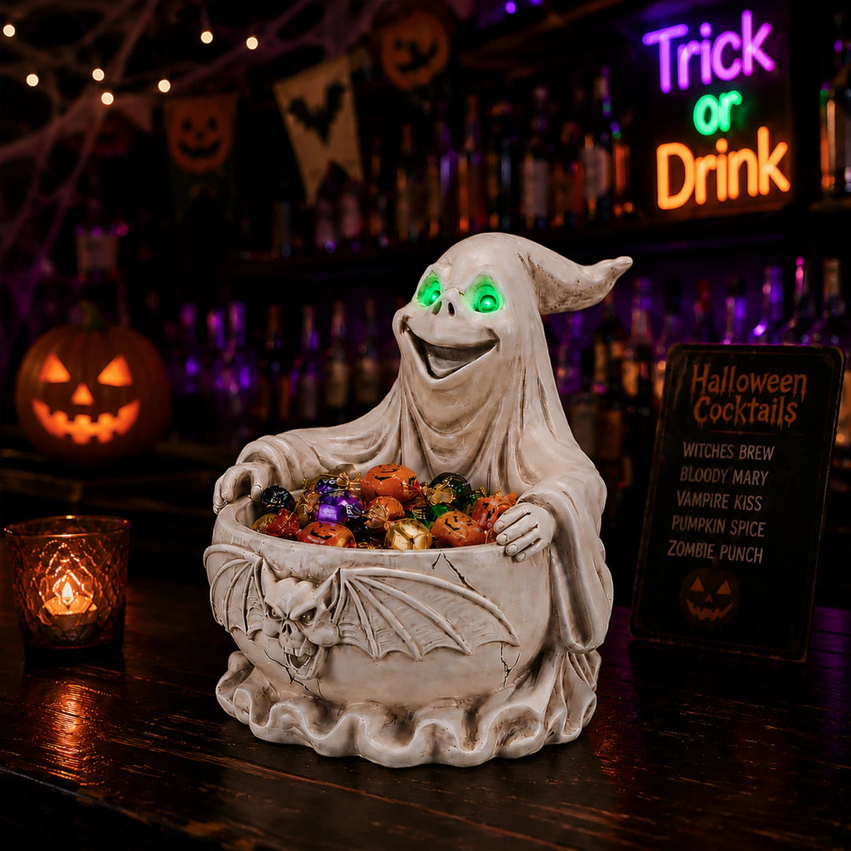Halloween Ghost Candy Bowl with LED Eyes and Bat Decor