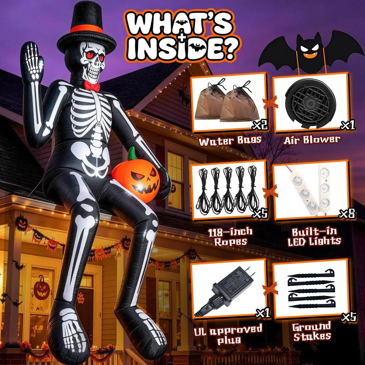 Inflatable Sitting Skeleton Halloween Decoration for Outdoor Displays