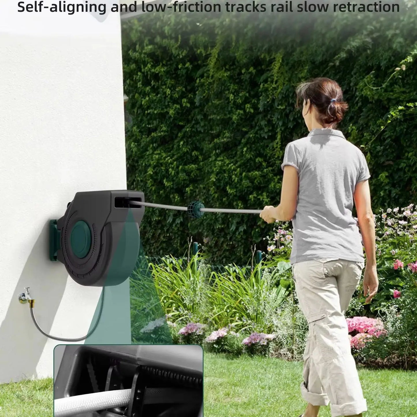 Retractable Garden Hose Reel 1/2 Inch x 130 ft, Super Heavy Duty, Any Length Lock, Slow Return System, Wall Mounted and 180 Deg