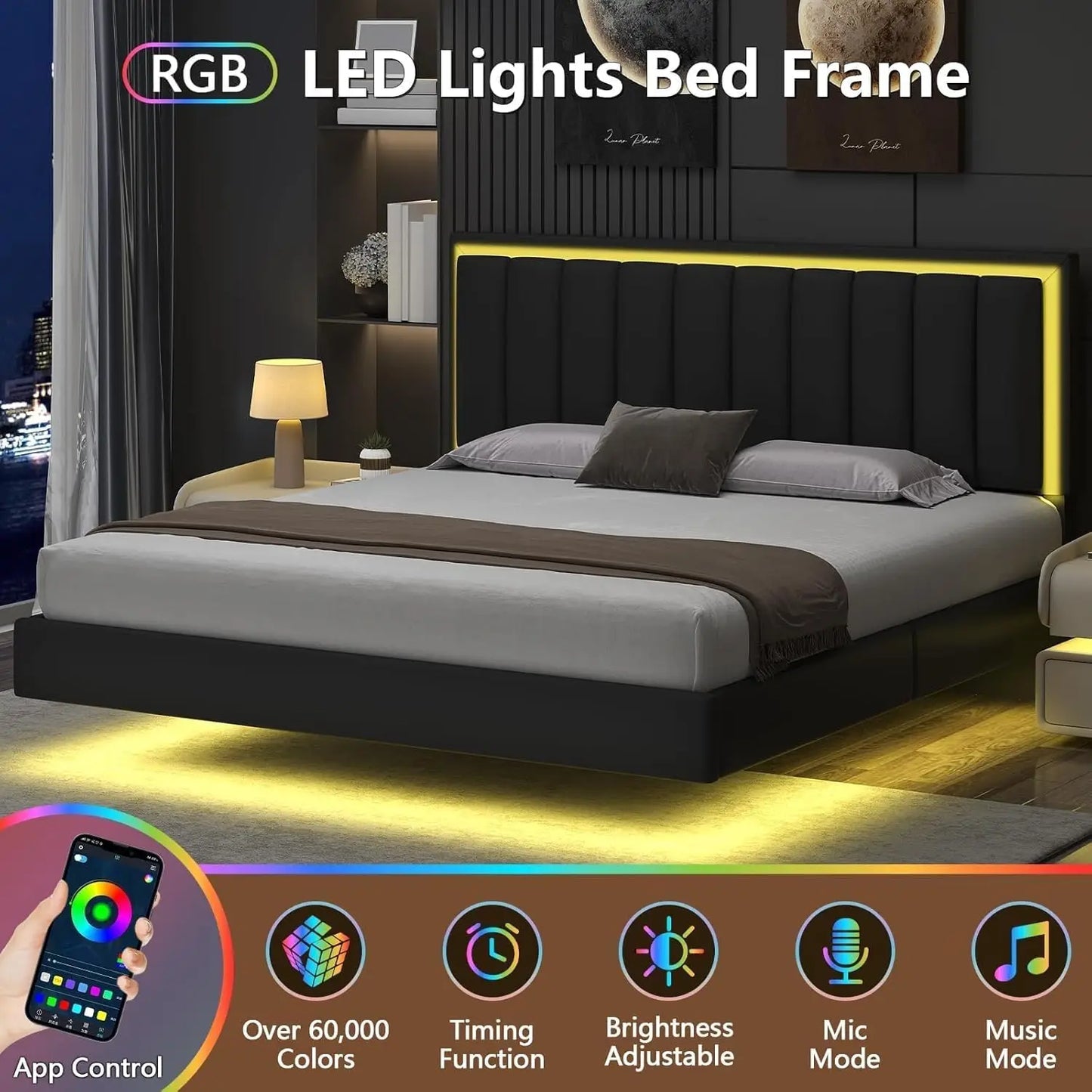 GUANGBAI Floating Bed Frame With LED Lights And Upholstered Headboard