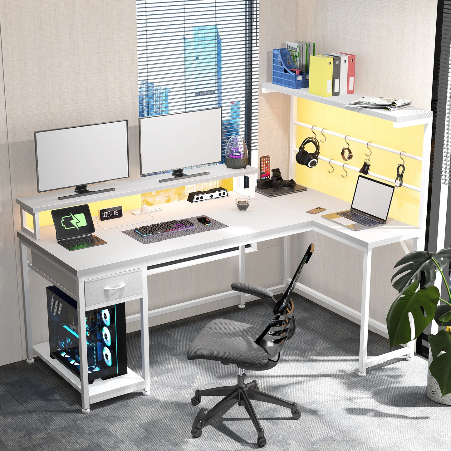 EnHomee 53 Inch L Shaped Gaming Desk With Hutch