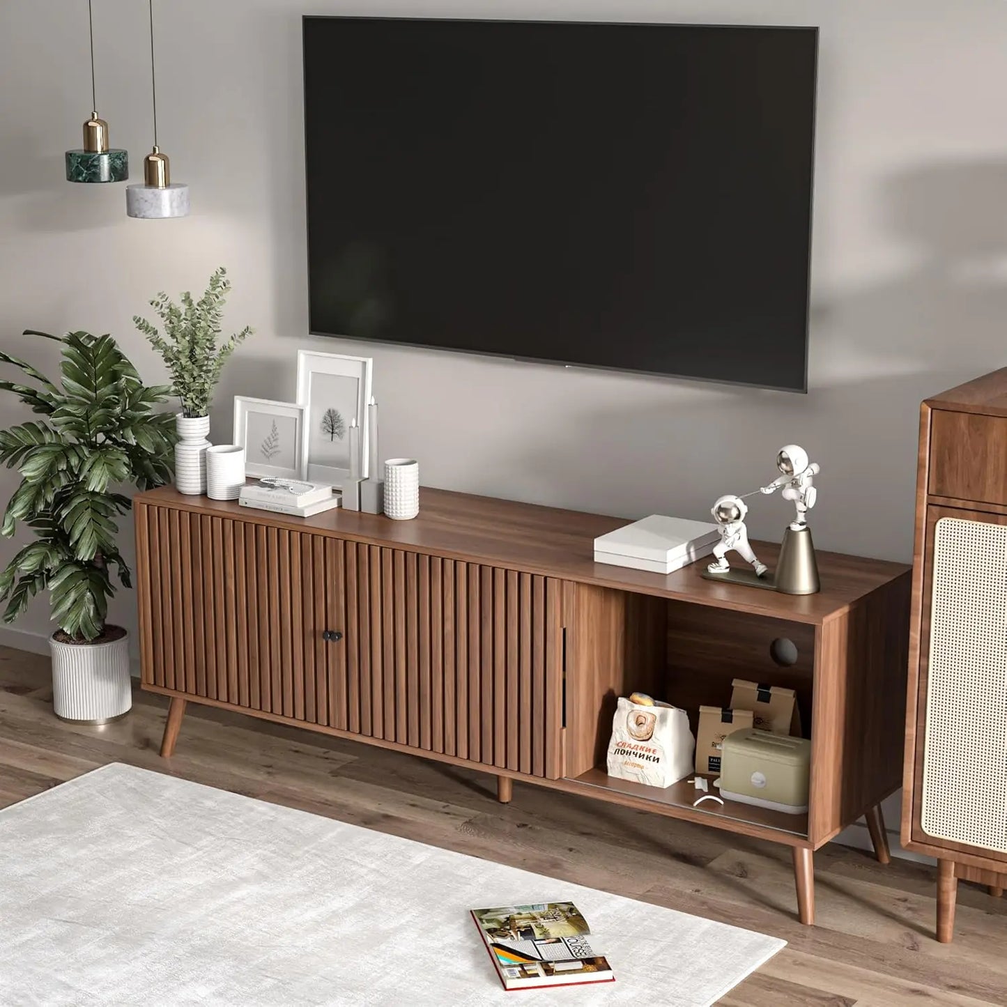 Mid Century Modern TV Stand With Sliding Doors And Storage