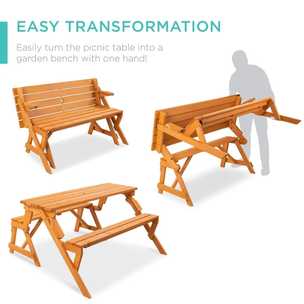 2-In-1 Transforming Outdoor Wooden Picnic Table Bench For Backyard Patio