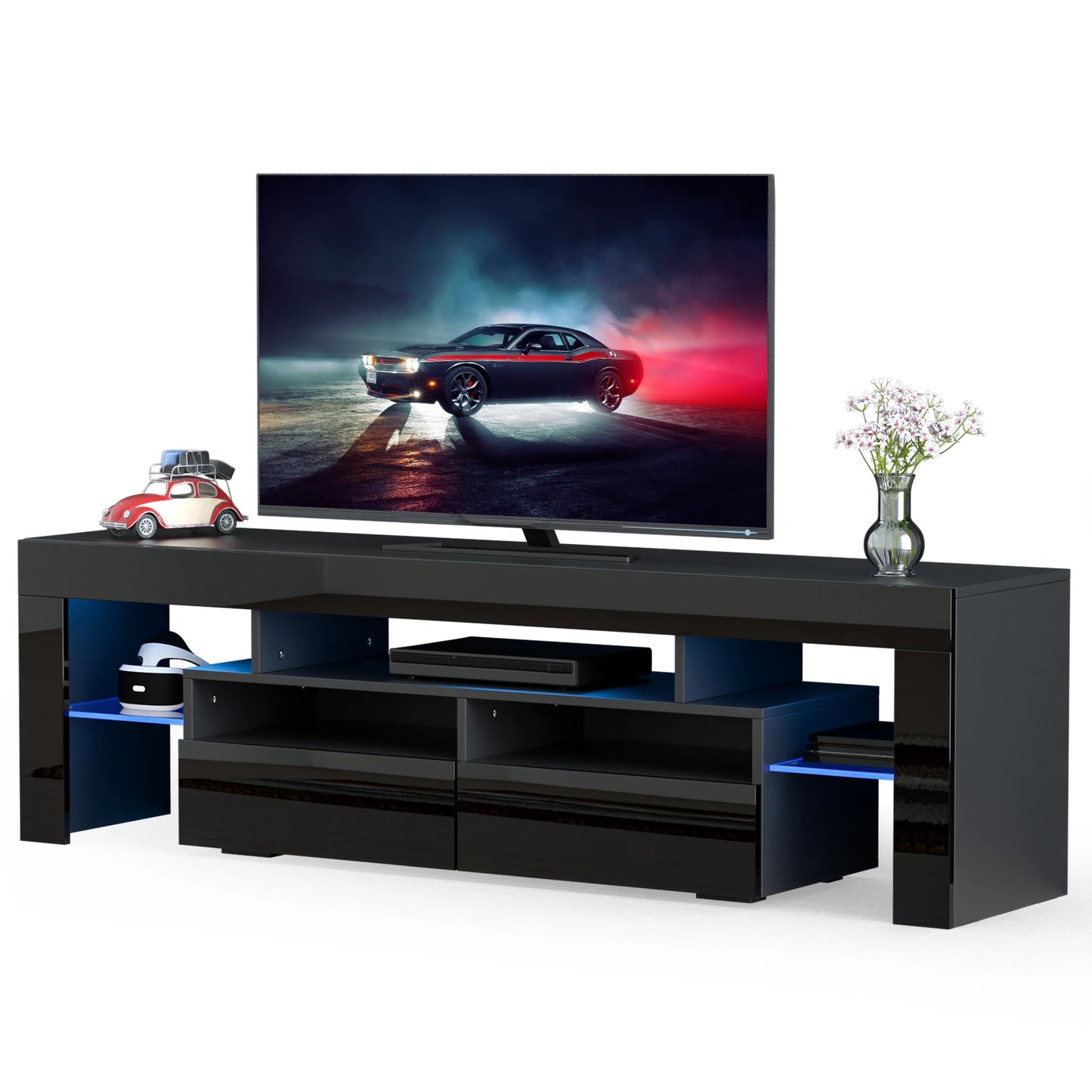 QiaoShiRen LED TV Stand With Storage Drawers Modern Black Cabinet