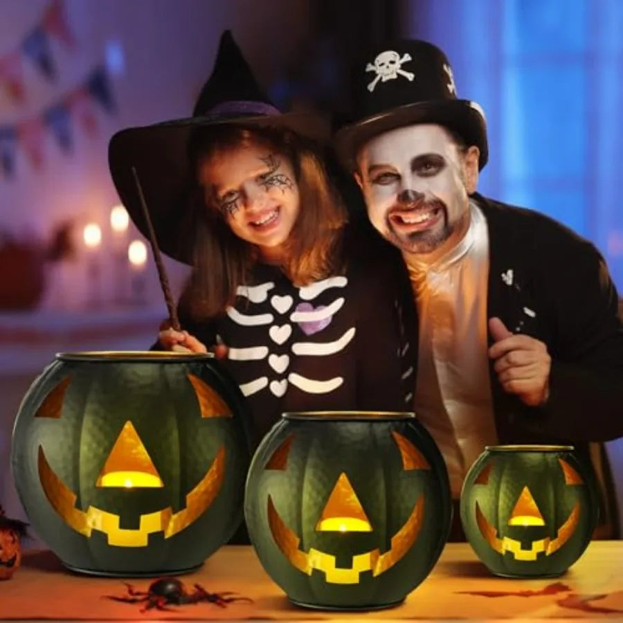 Halloween Metal Jack O Lantern Decor Set With LED Candles