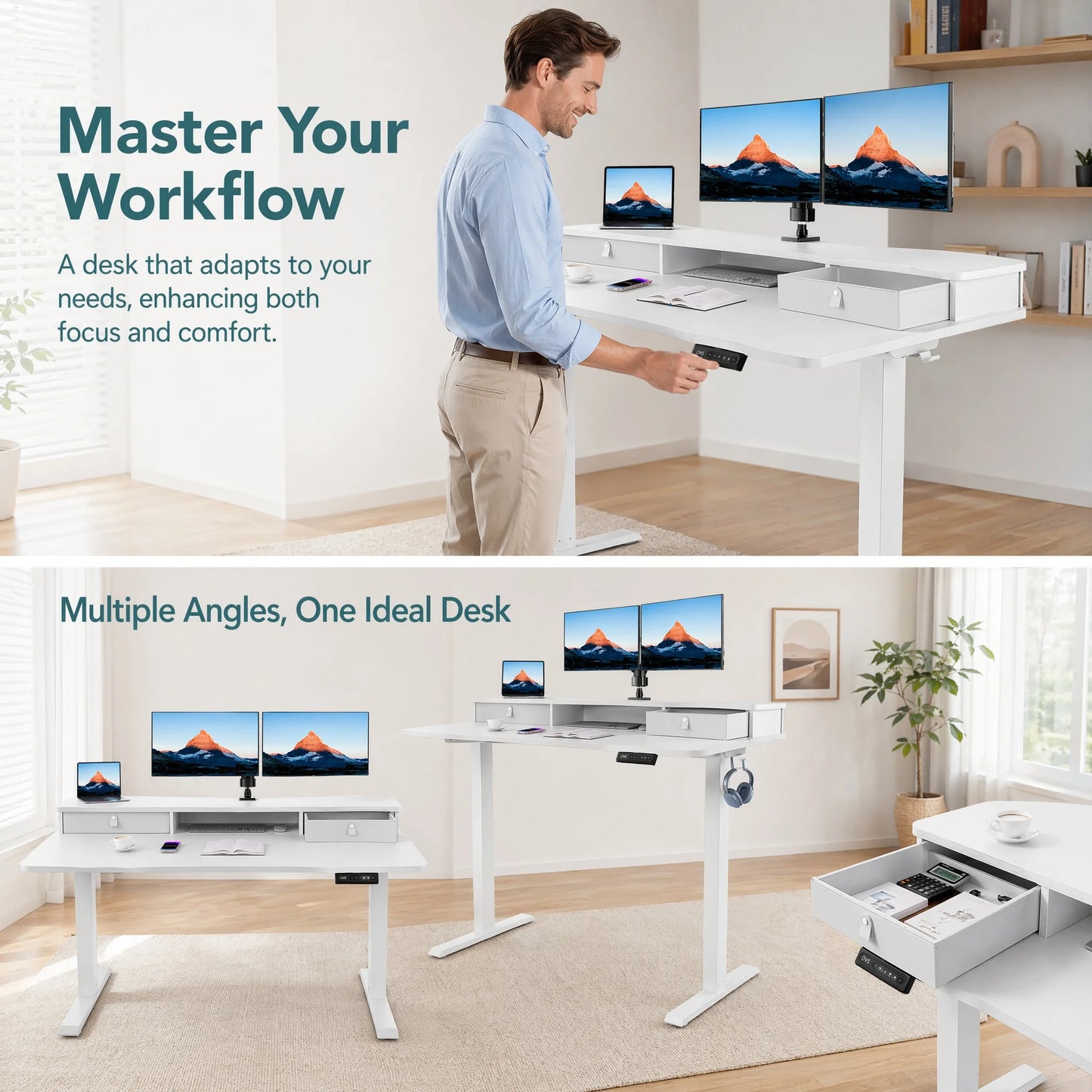 K Kyspho Electric Standing Desk With Two Drawers And Hooks