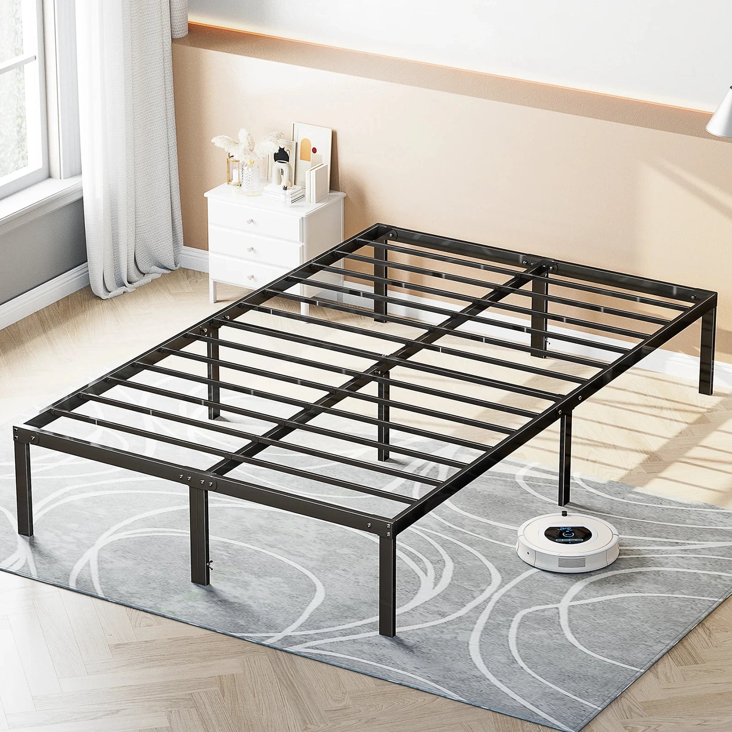JHK Basic Metal Bed Frame with Storage and Sturdy Slats