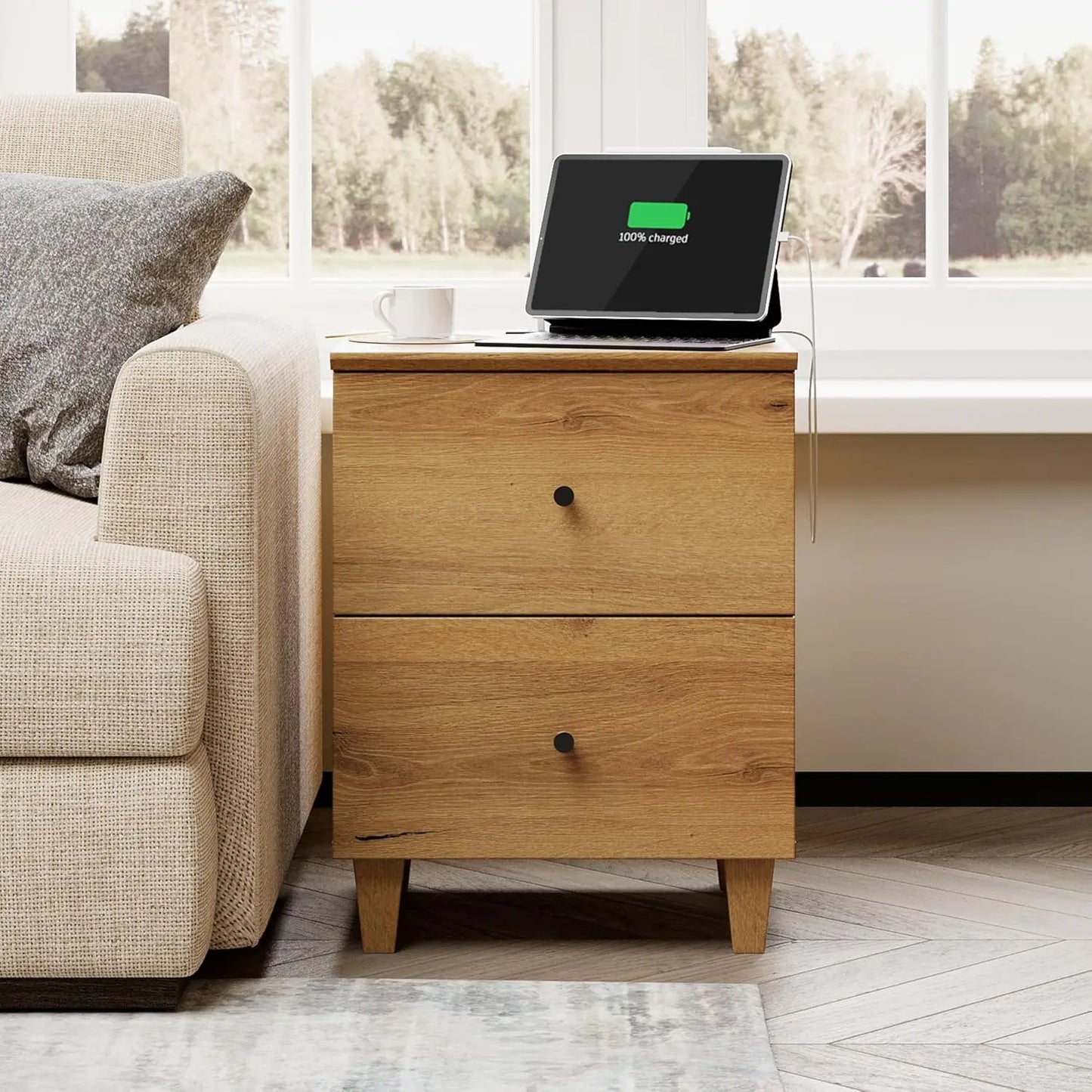 NONED Nightstand With Charging Station And Two Drawers