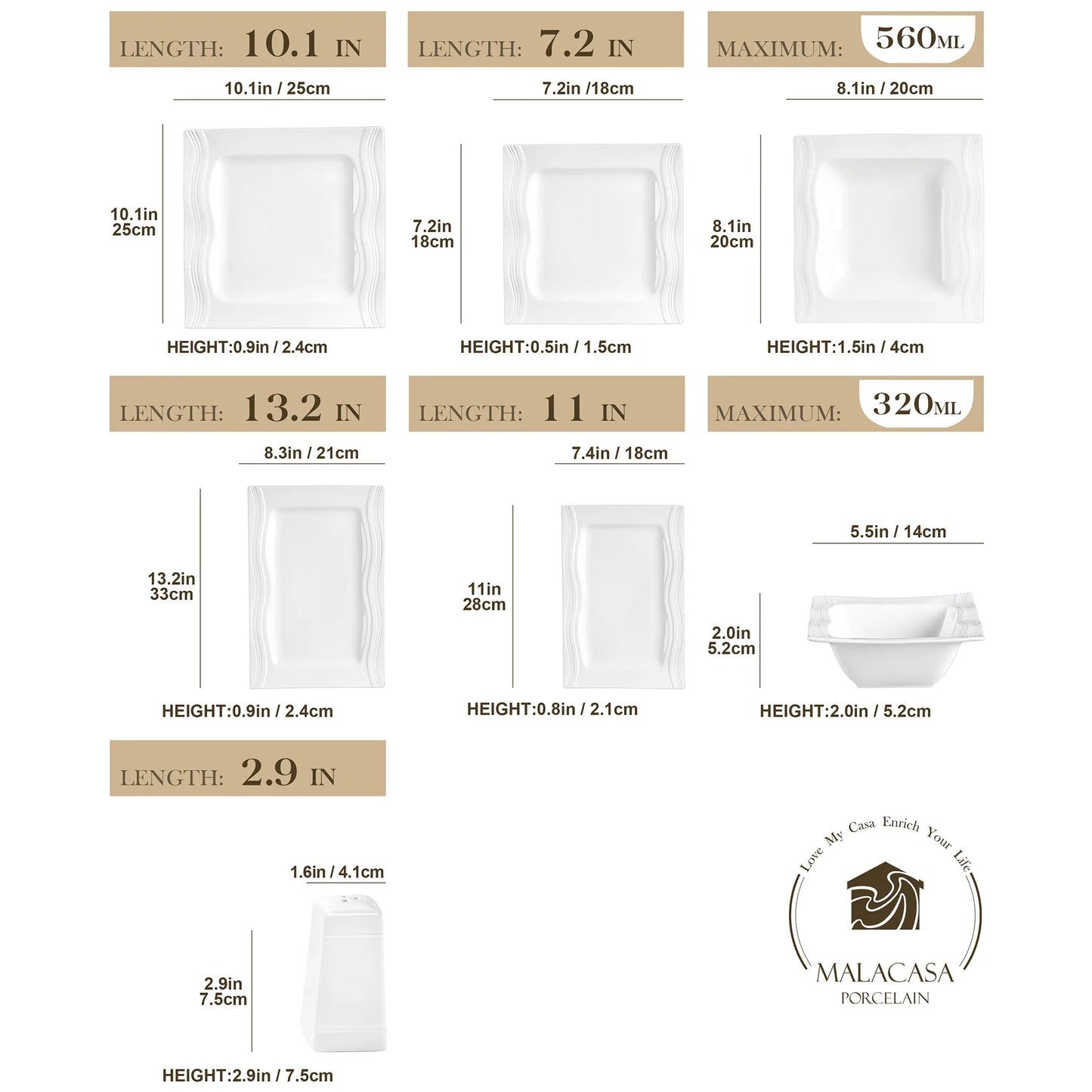 MALACASA 28 Piece Square Porcelain Dinnerware Set For Everyday Use