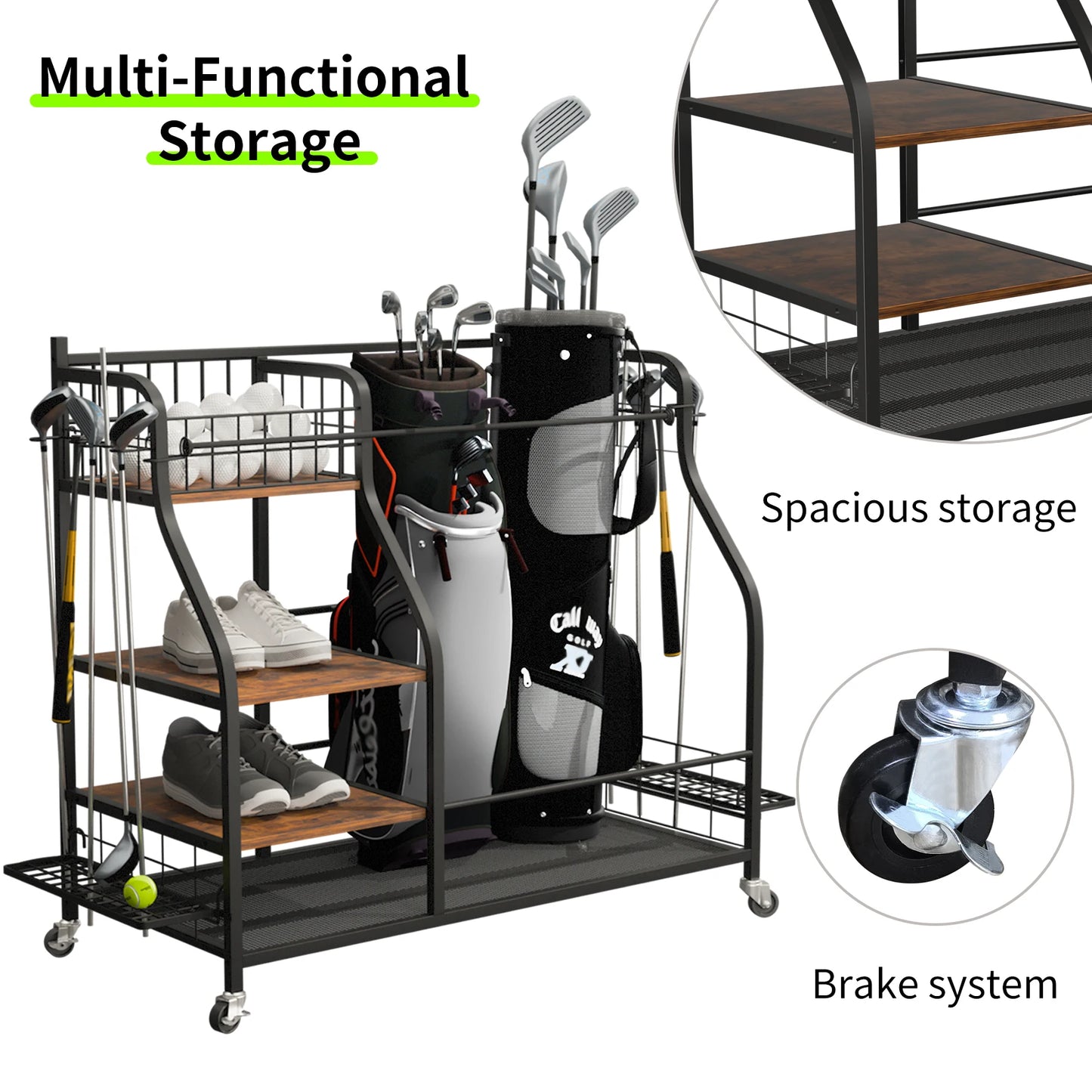 Durable Metal Rolling Golf Bag Storage Rack With Wheels