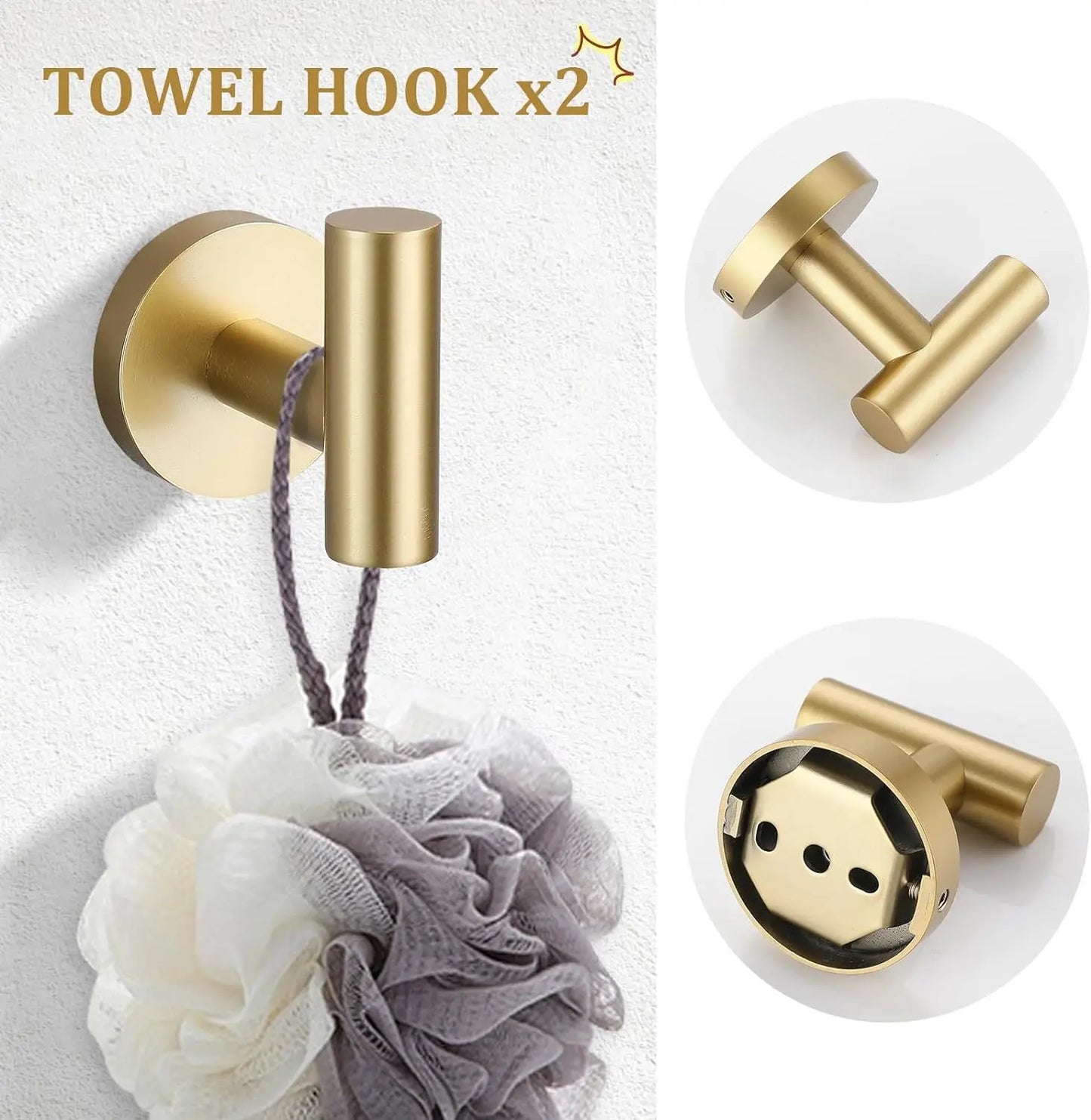 Brushed Gold Stainless Steel Bathroom Hardware Set With Towel Bar