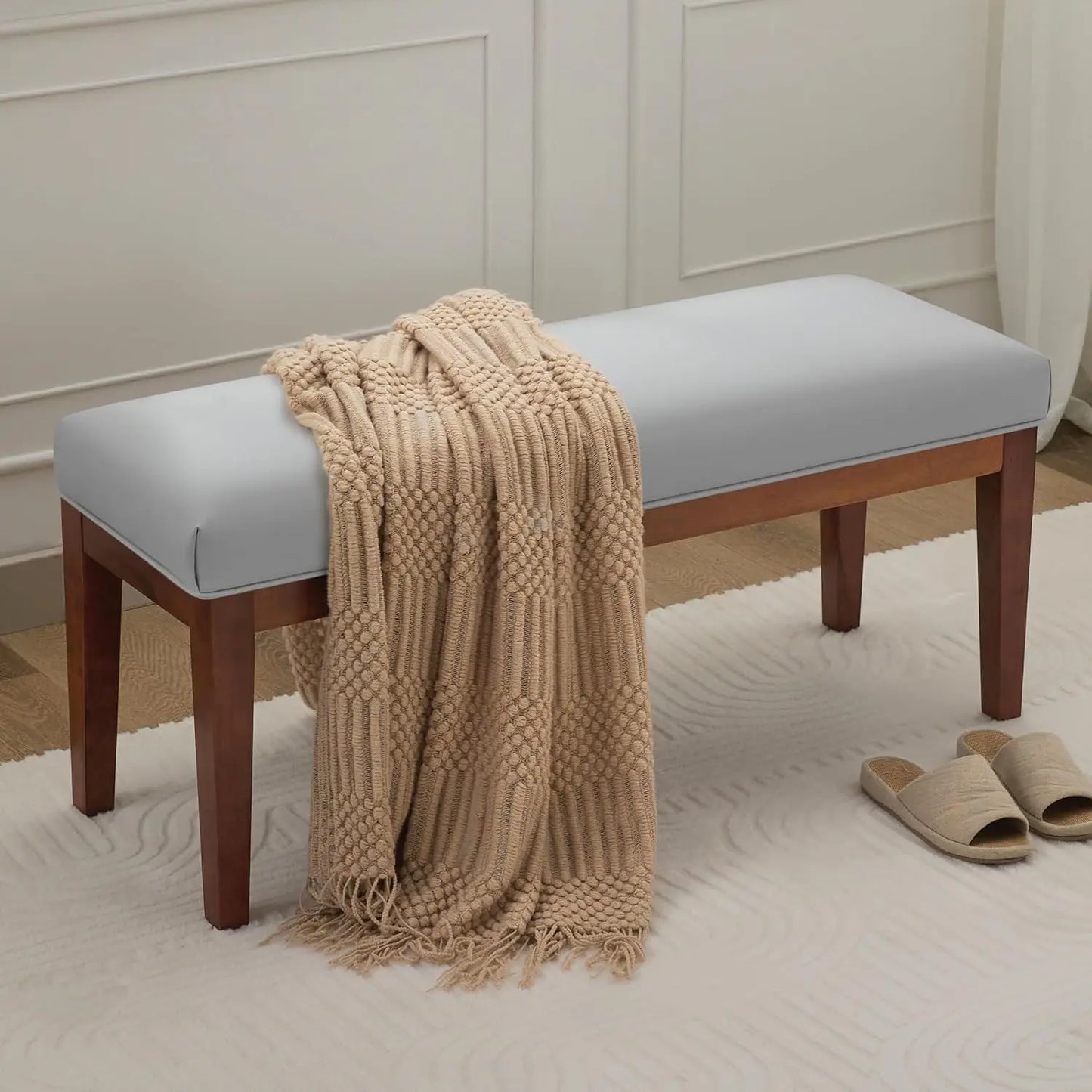 Linen Upholstered Bedroom Bench for End of Bed and Entryway