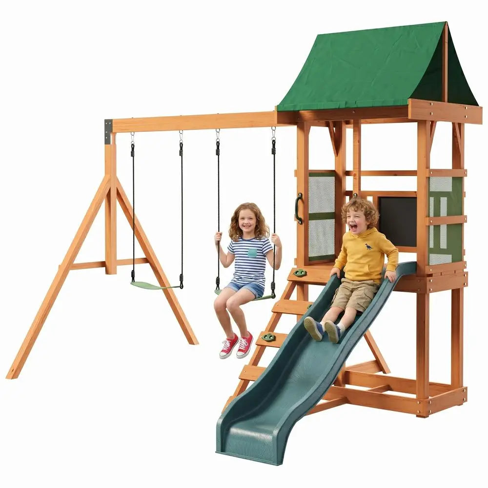 YTYIN Backyard Swing Set With Wave Slide And Rock Wall