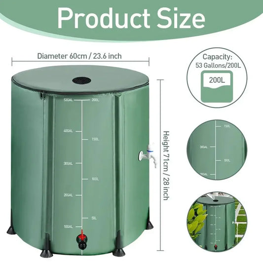 Gallon Collapsible Rain Barrel with Zipper Open and 12 Poles, 200L Protable Rainwater Collection System Kit with 1 Spigot and 2