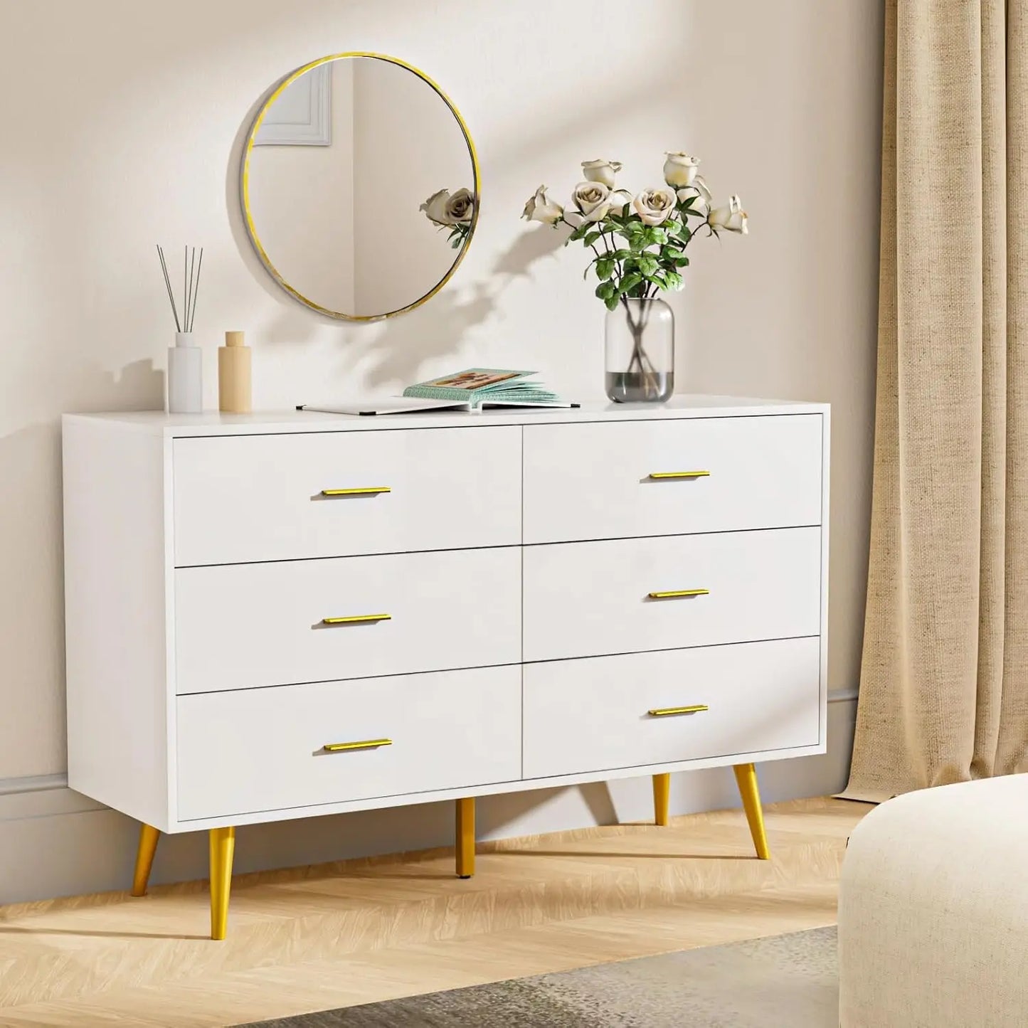 Walnut Brown Wood Dresser With Six Drawers For Bedroom