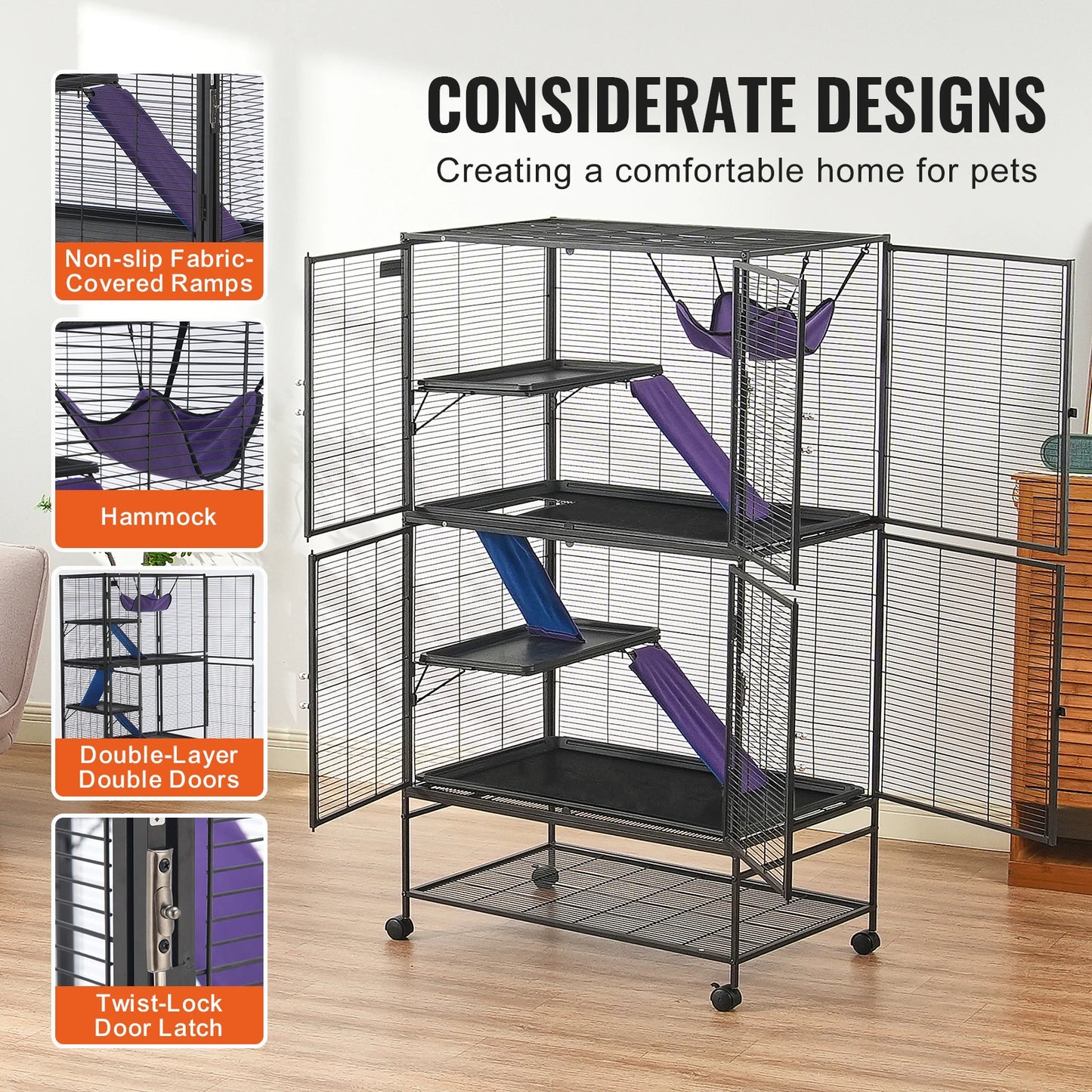 Rolling Metal Ferret Cage 4 Tier for Rodents and Pets