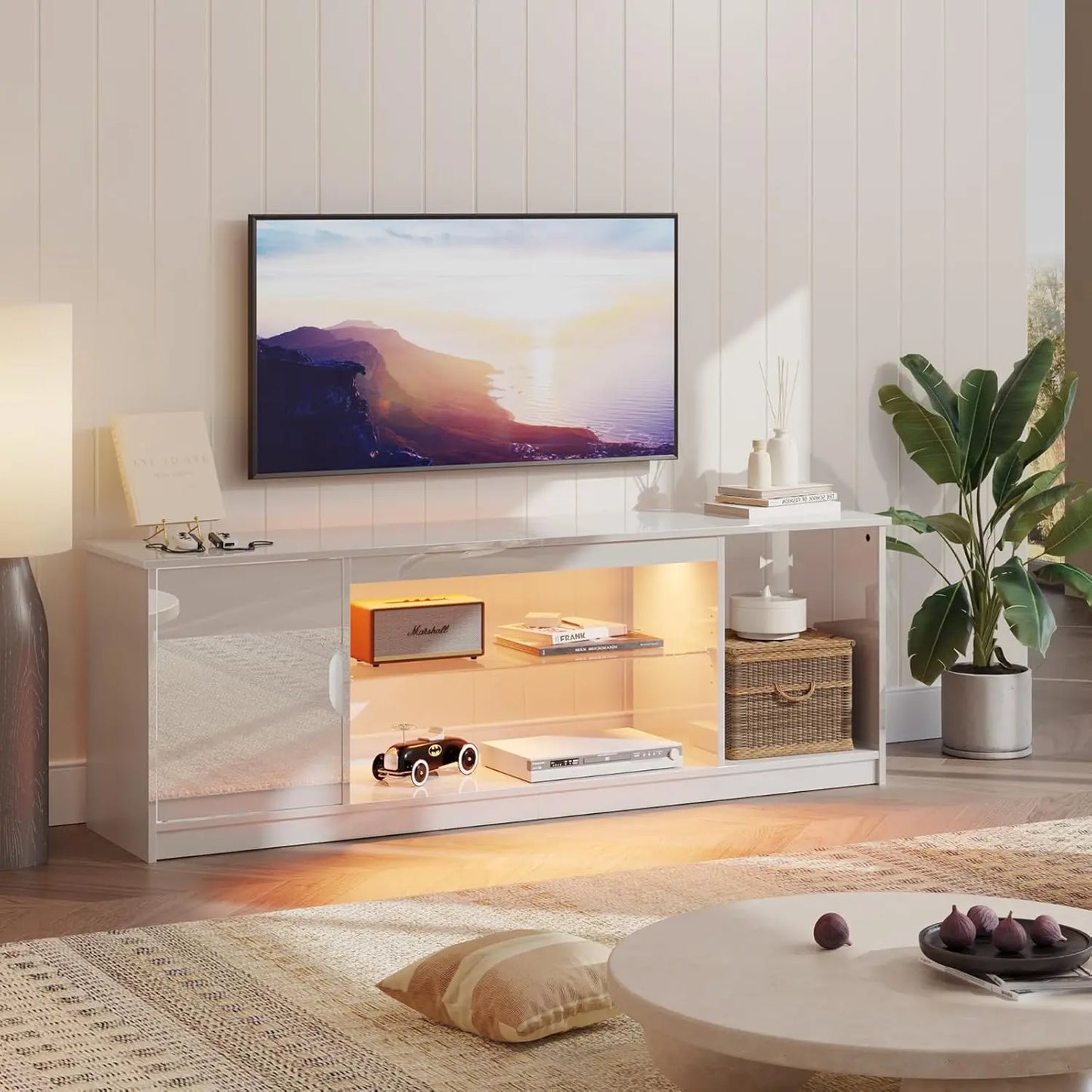 Gaming TV Stand With Power Outlets And Adjustable Glass Shelves