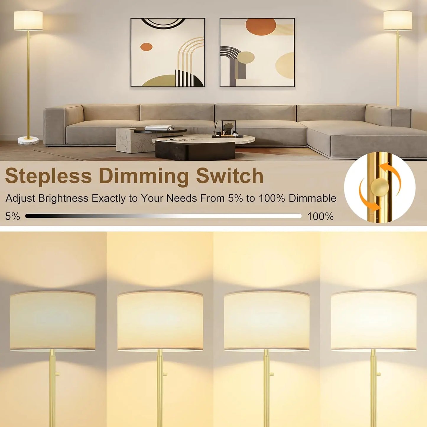 Modern Dimmable Floor Lamp With Marble Base And Linen Shade