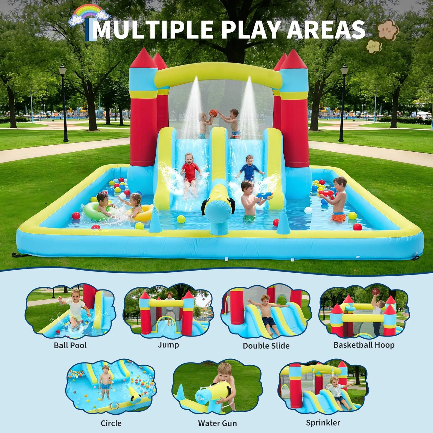 HiMISS 7-in-1 Inflatable Bounce House With Slide And Water Park