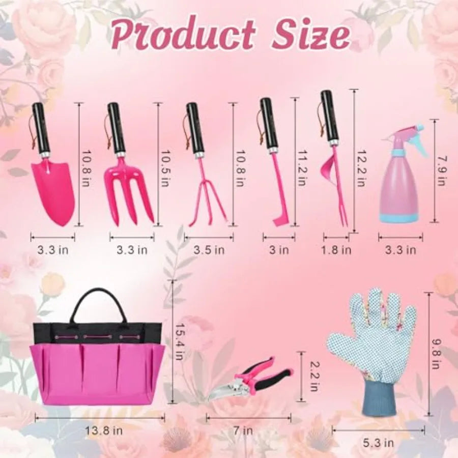 9Piece Heavy Duty Gardening Hand Tools Set in Pink with Stainless Steel Construction and Reinforced Design Durable Organizer Ha