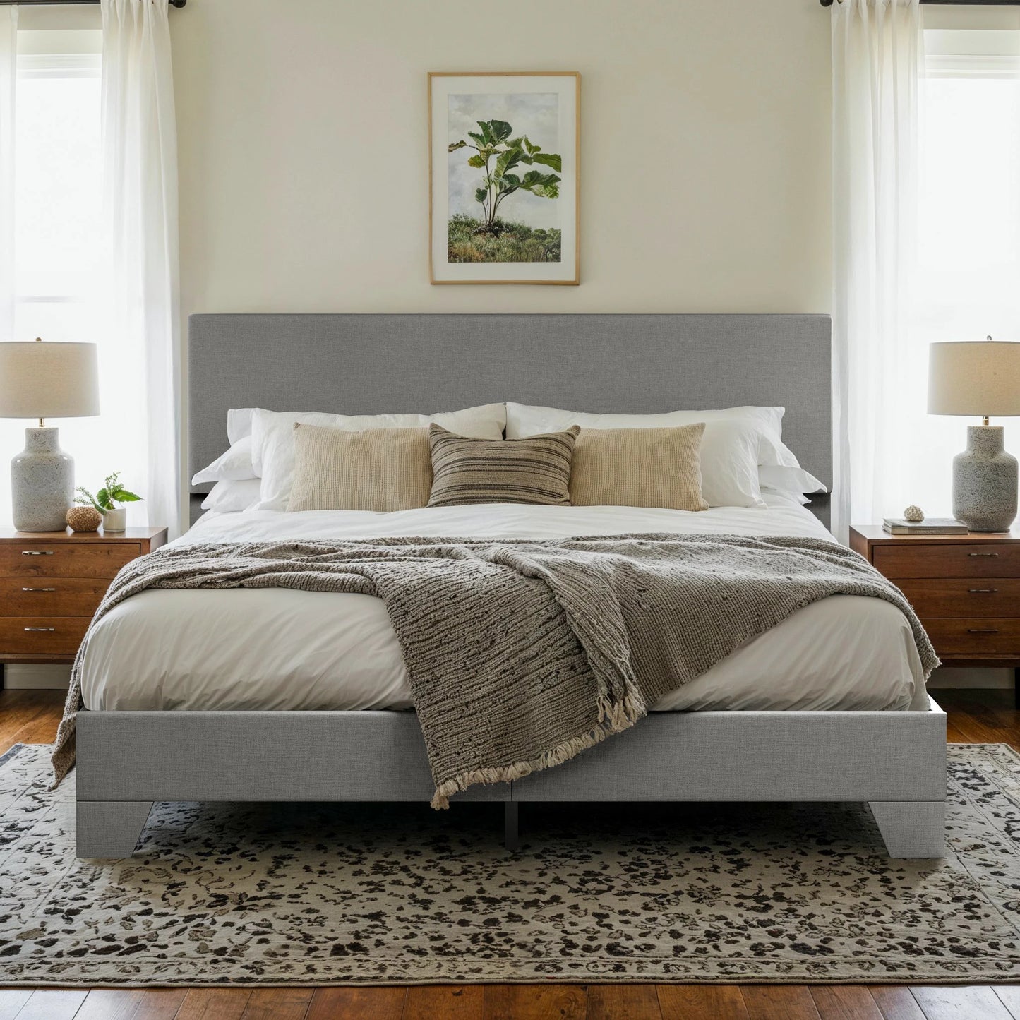 HOOMIC Upholstered Bed Frame With Adjustable Headboard And Linen Fabric