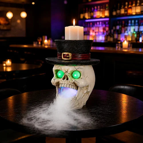 Halloween Skull Cauldron Statue With LED Light And Fog Effect