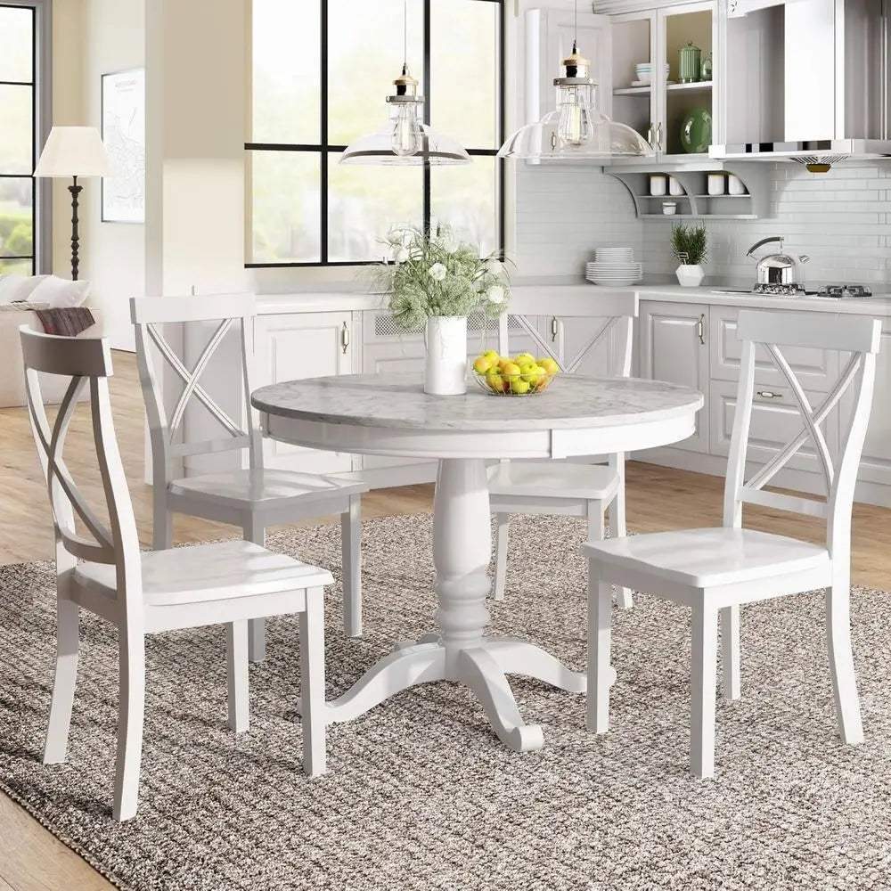 Round Dining Set for 5 with Marble Table and Chairs