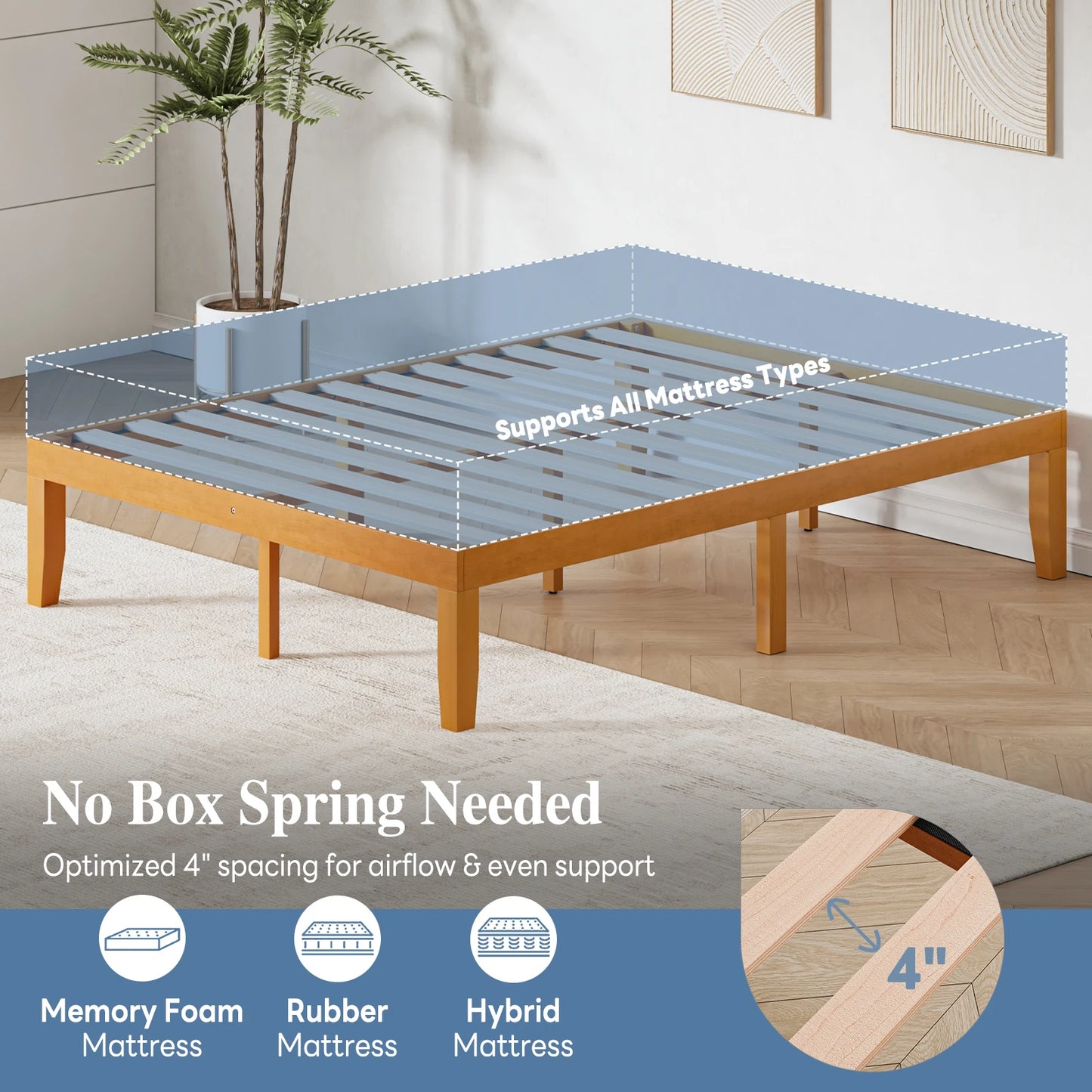 JHK Solid Wood Bed Frame With Sturdy Slat Support 500Lb