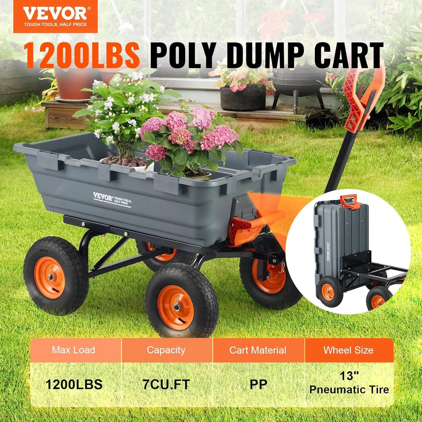 XMSJ Garden Dump Cart With 2 In 1 Convertible Handle And All Terrain Wheels