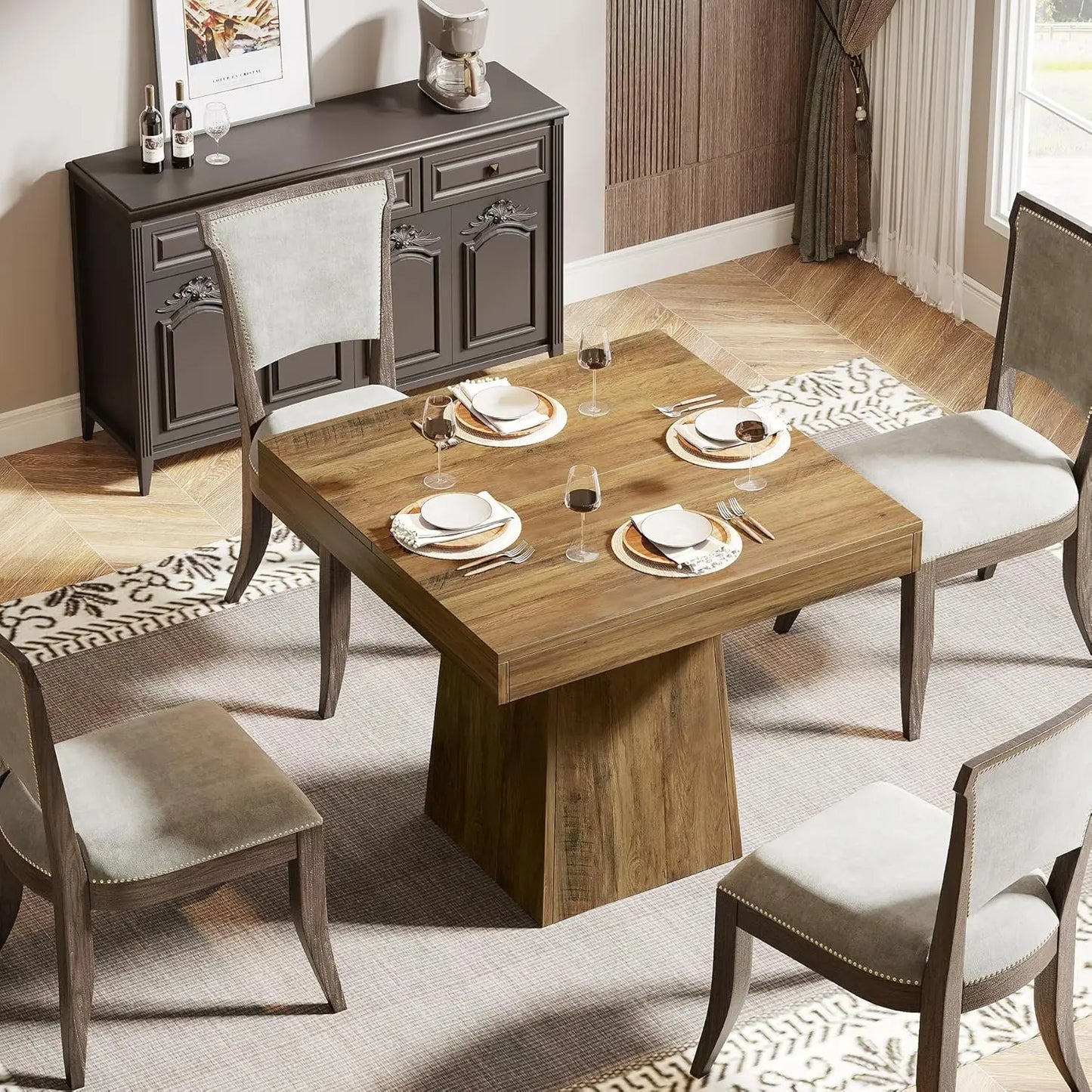 Square Dining Table for 4, Small Kitchen Table with Sturdy Pedestal Base, Farmhouse Dinner Table for Dining Room, Living Room