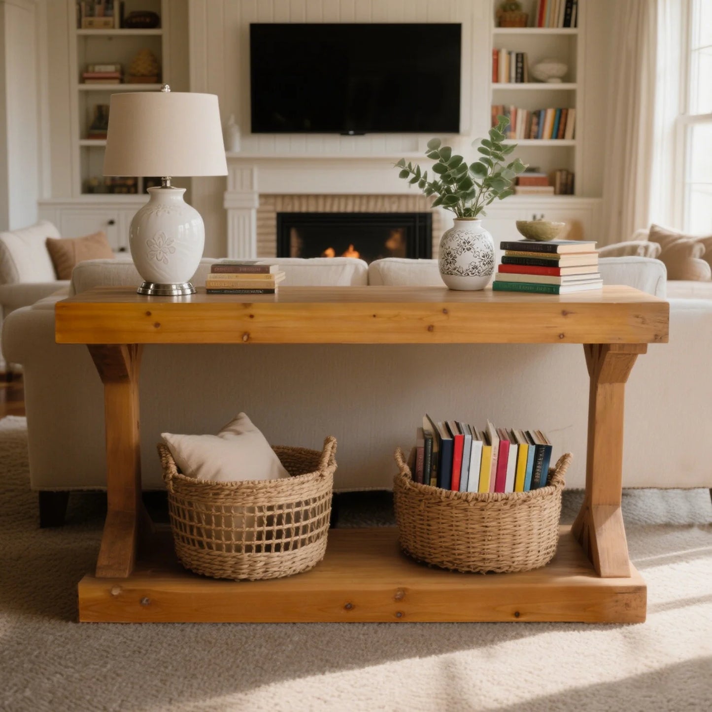 American Country Wood Sofa Console Table With Storage Shelf