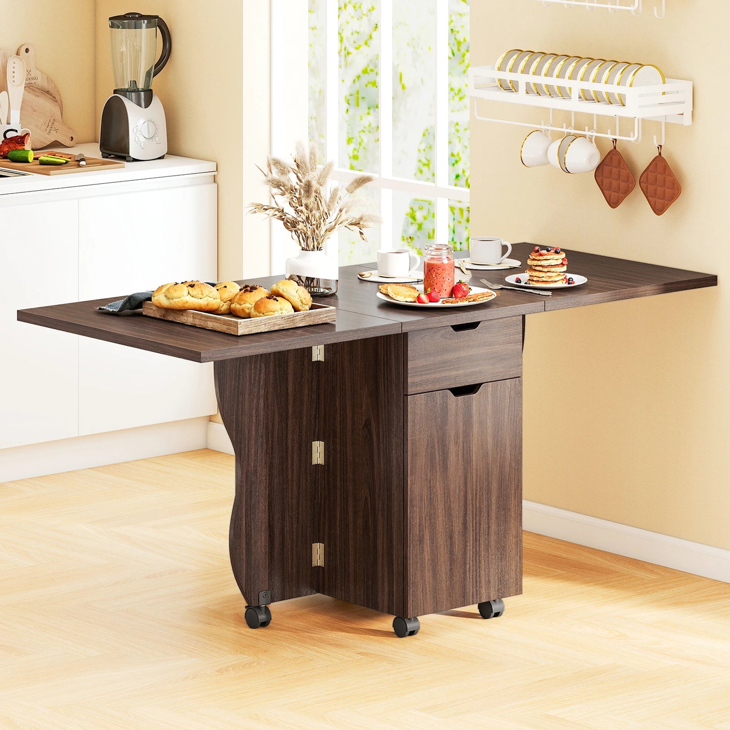 HOMASIS Folding Dining Table With Lockable Wheels for Small Spaces