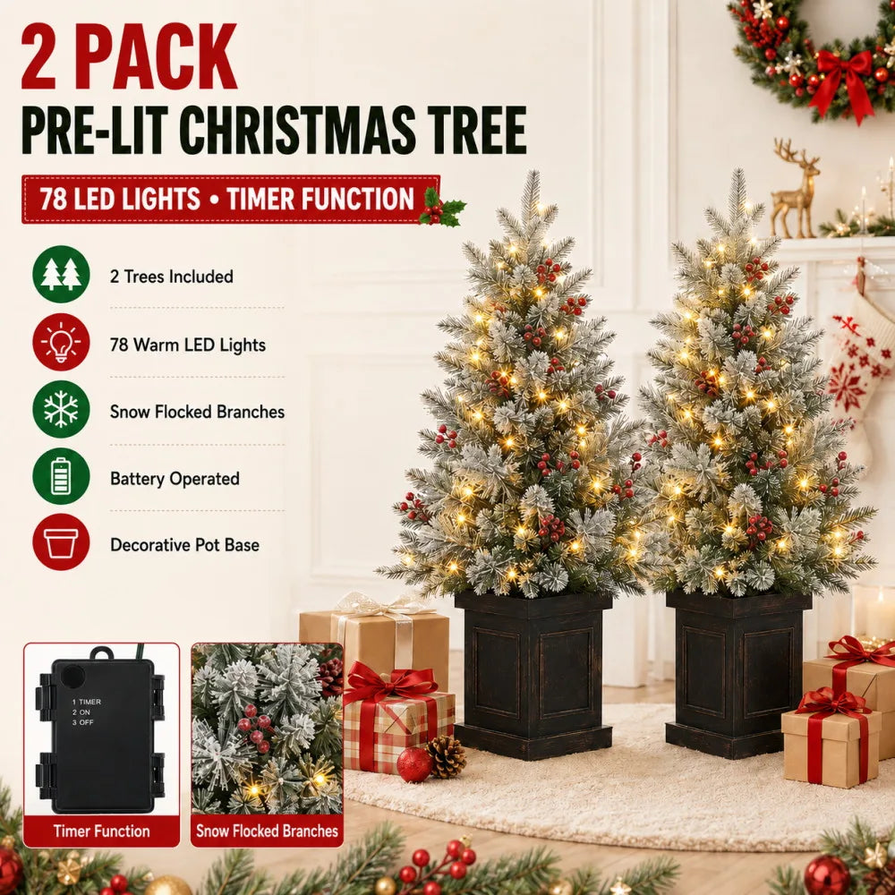 Snow Flocked Artificial Christmas Tree With Led Lights And Timer