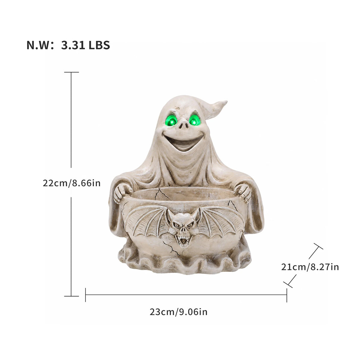 Halloween Ghost Candy Bowl with LED Eyes and Bat Decor