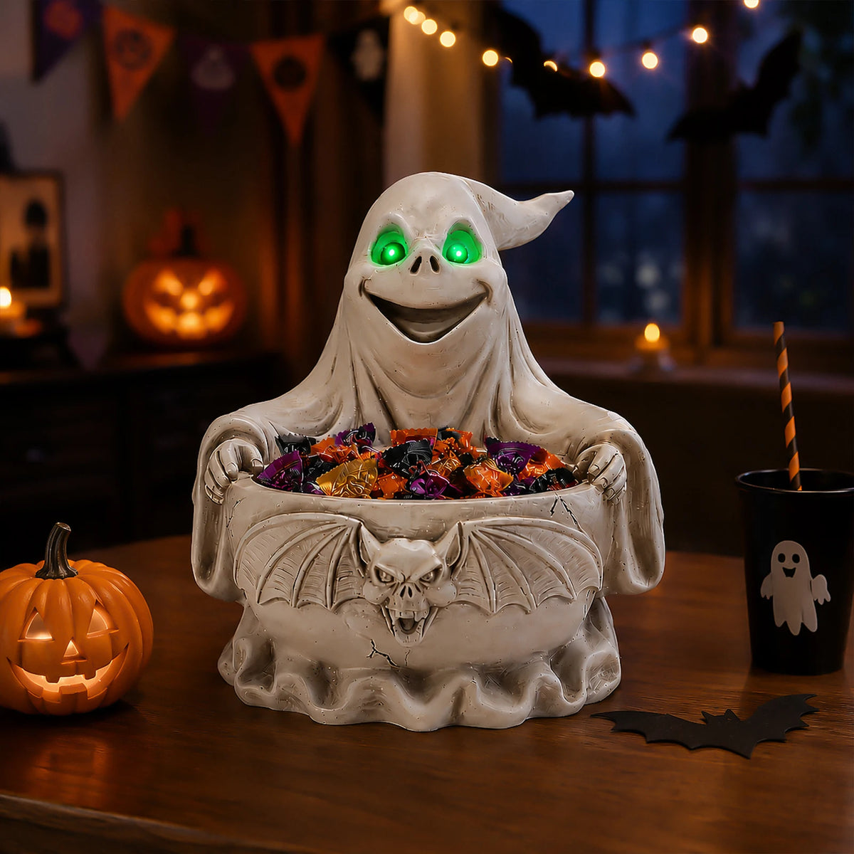 Halloween Ghost Candy Bowl with LED Eyes and Bat Decor