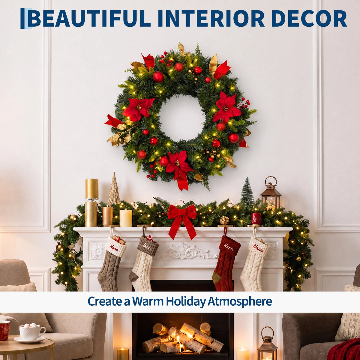 Artificial Christmas Wreath With Led Lights For Home Decor