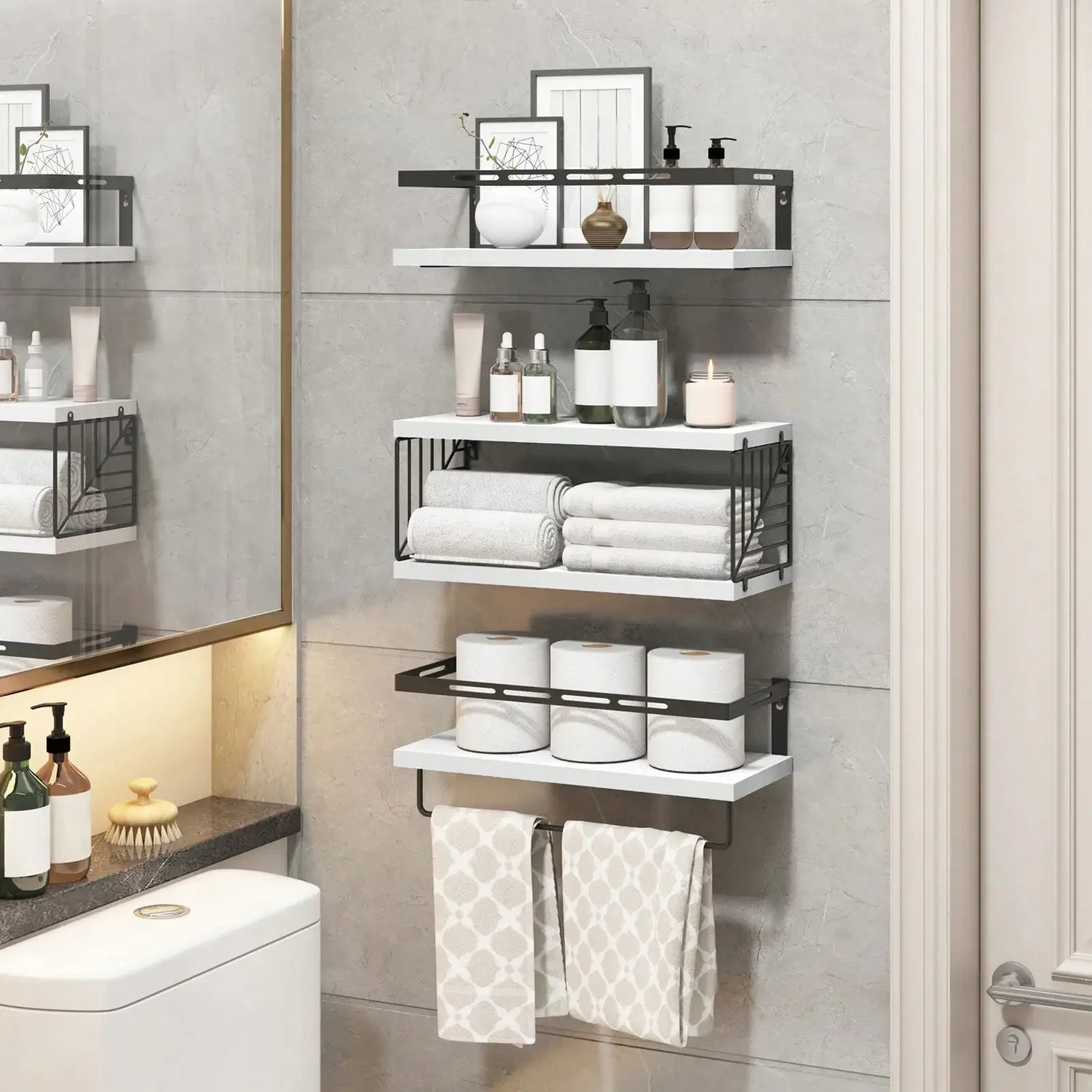 Wall Mounted Rustic Wood Bathroom Shelves Over Toilet Towel Bar
