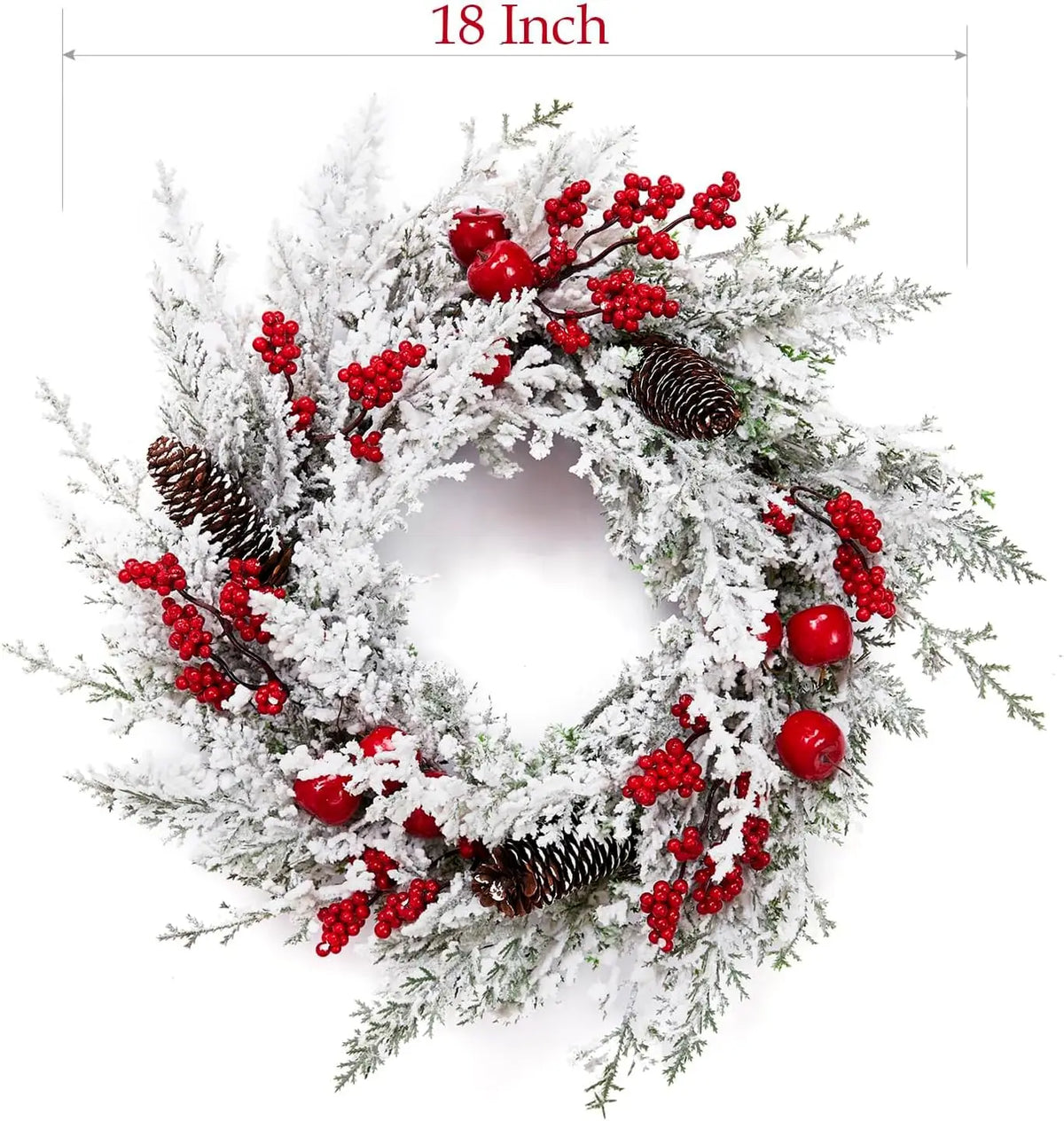 Snow Flocked Christmas Pine Wreath With Red Berries And Pinecones