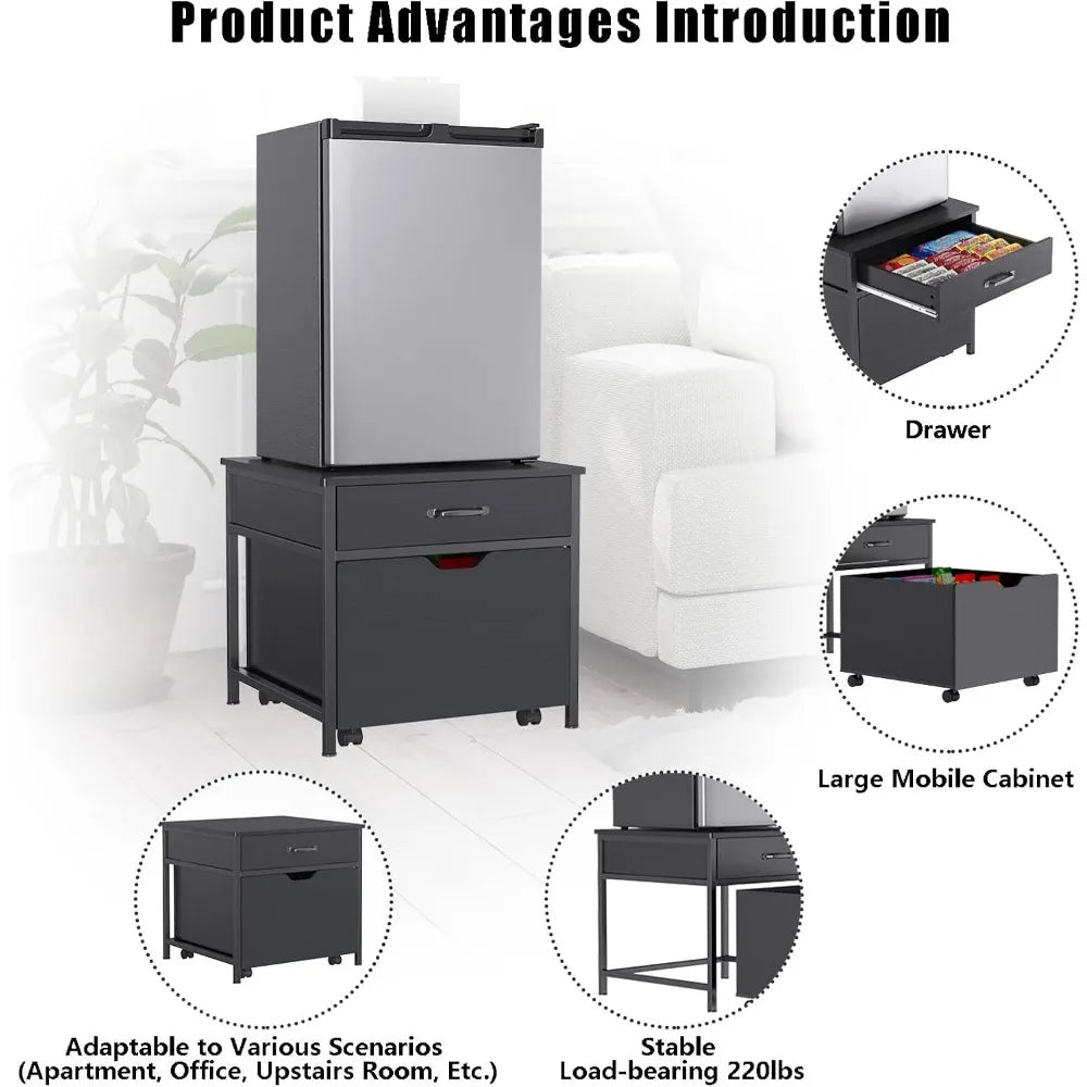 Mini Fridge Stand with Storage, Heavy Duty Mini Fridge Table with Rolling Cabinet 220LBS Capacity Tabletop for Dorm, Apartment,