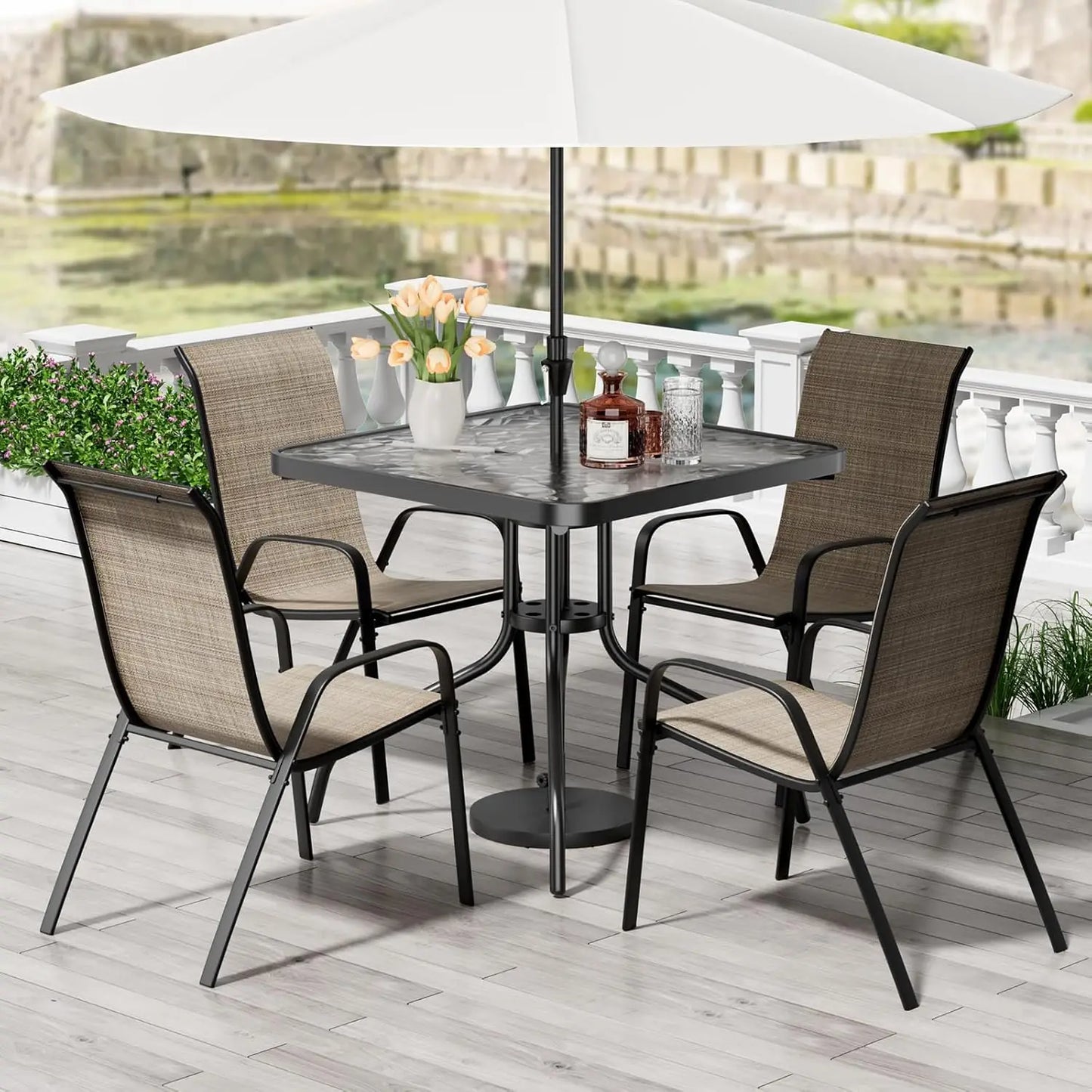 All Weather Patio Dining Set With 4 Stackable Textilene Chairs