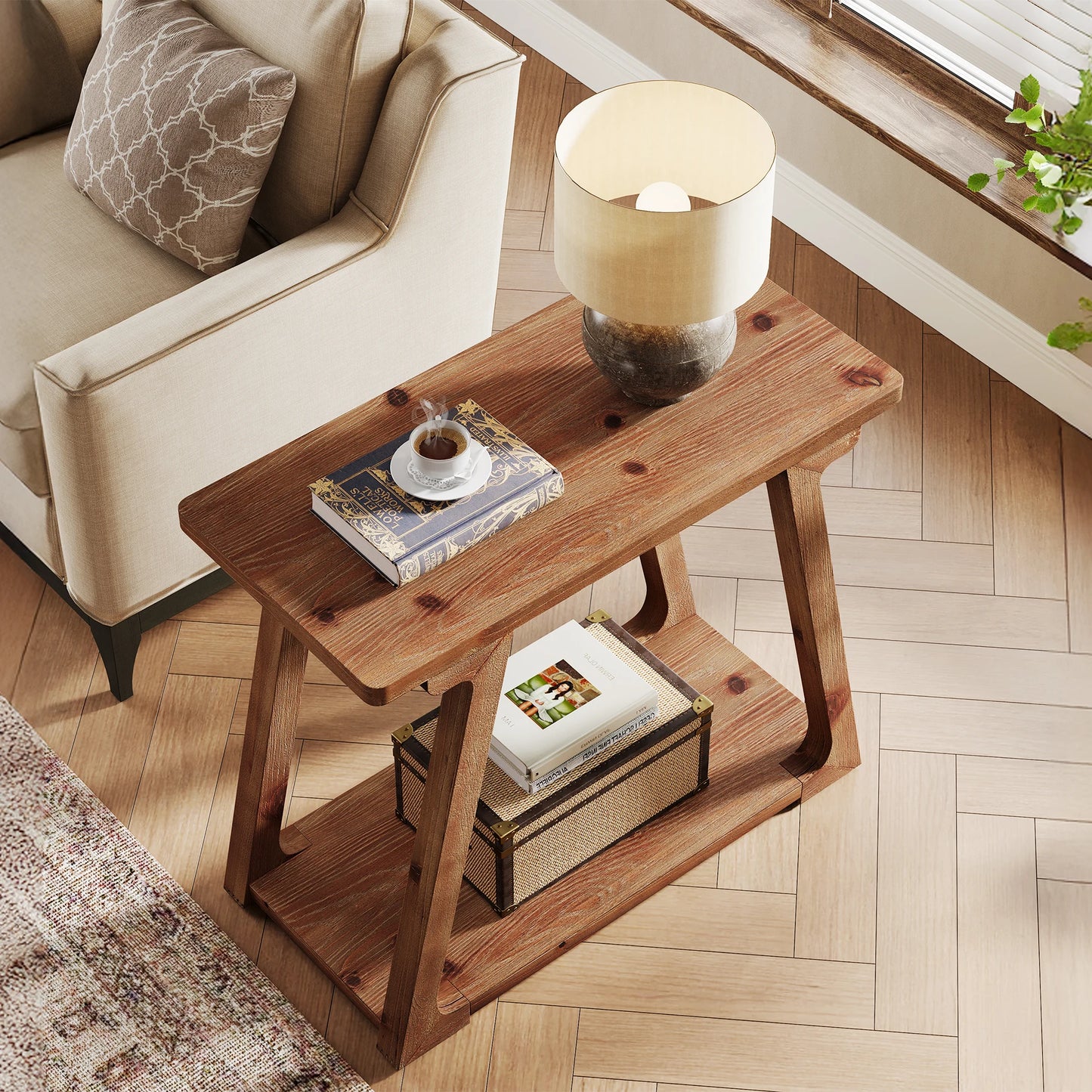 Tribesigns 2 Tier Solid Wood End Table Narrow Farmhouse Nightstand