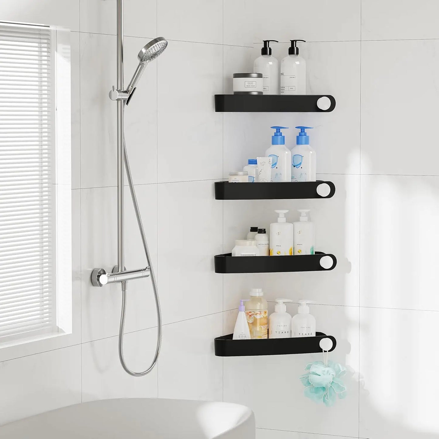 Plastic Shower Caddy Corner (for 90° Only), 4 Pack Adhesive Corner Shower Shelves for Smooth Wall Bathroom Organizers and Storage, Black