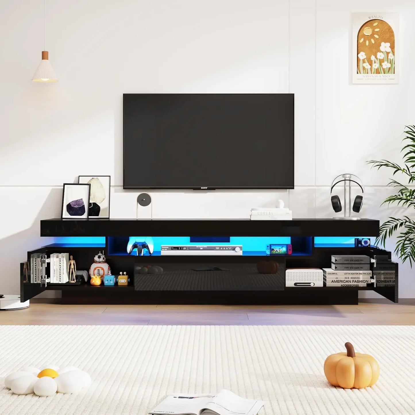 Modern LED TV Stand With Storage Drawer For Living Room Entertainment Center