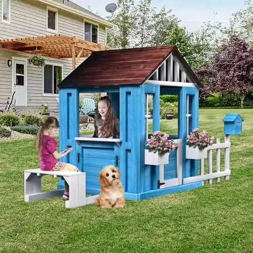 Outdoor Wooden Playhouse For Kids With Picnic Bench And Flowerpot Holders