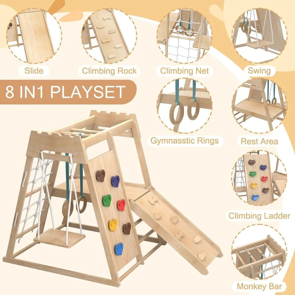 Indoor Toddler Climber Playset 8 In 1 Wood Jungle Gym