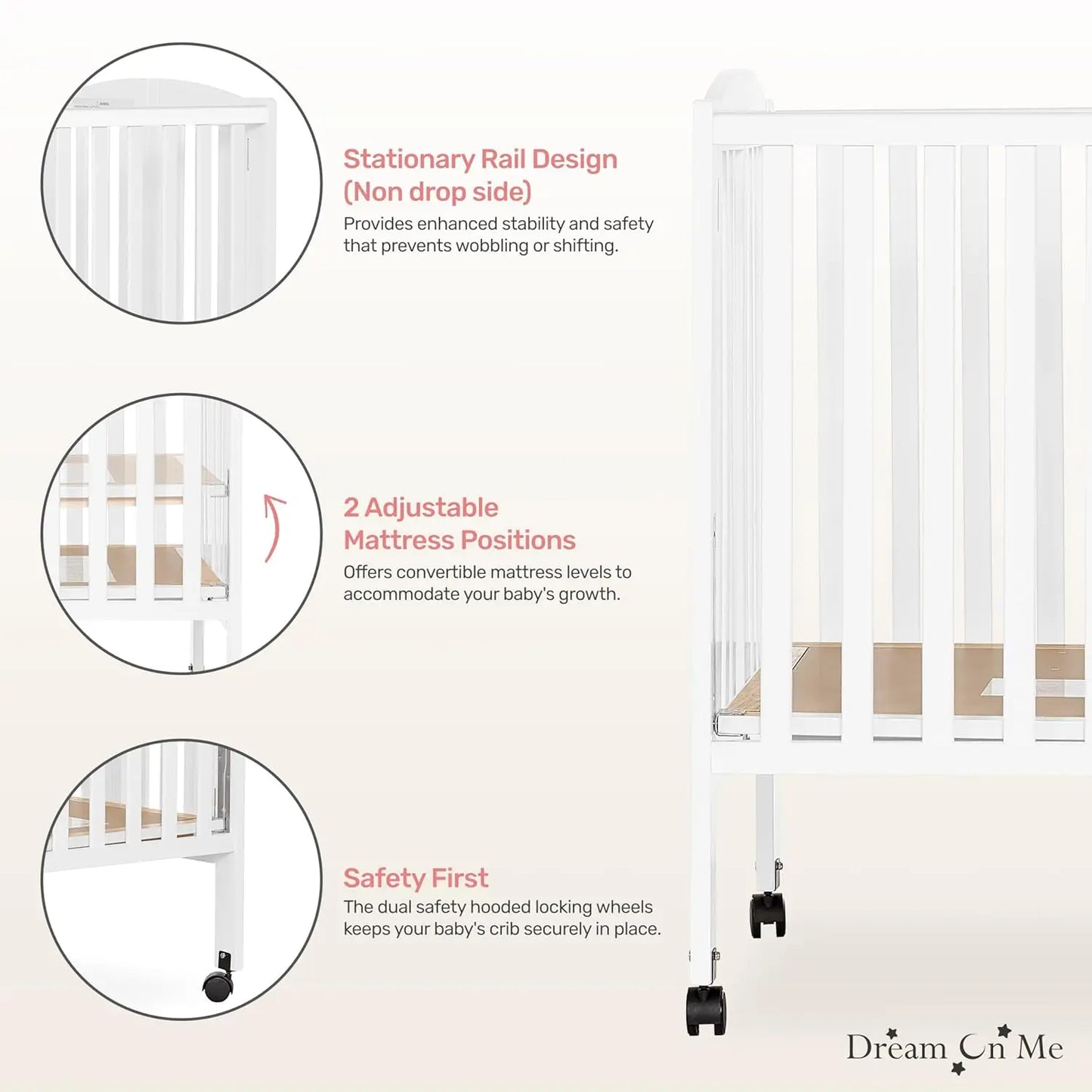 Folding Baby Crib With Quick Fold System And Adjustable Mattress